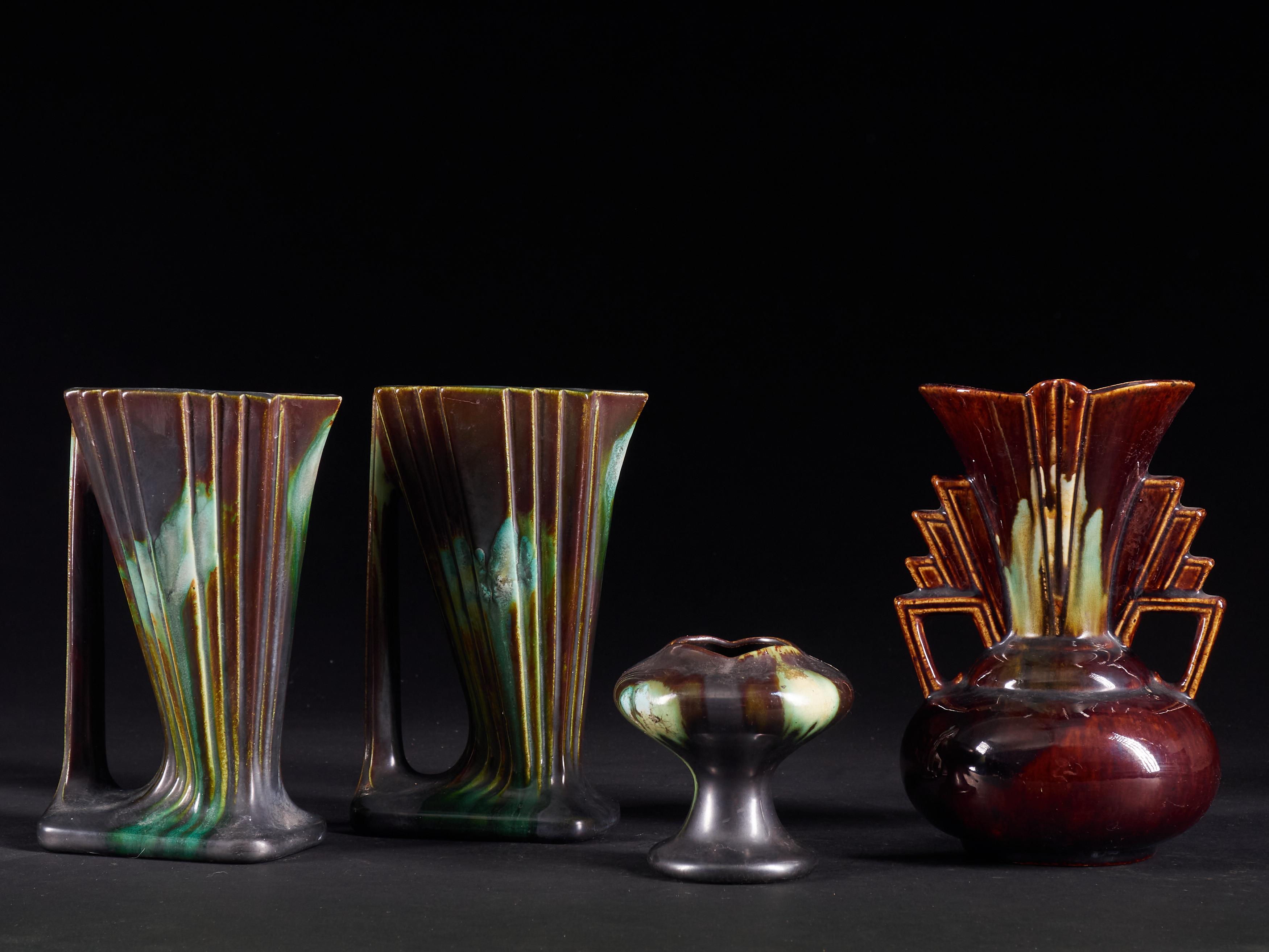 Very original set of Belgian drip faiencerie Art Deco vases with ribbed relief and an orange-brown & turquoise glaze. One item is slightly chipped on the bottom and another has hairline cracks, the other 2 are in excellent condition. Tags on the