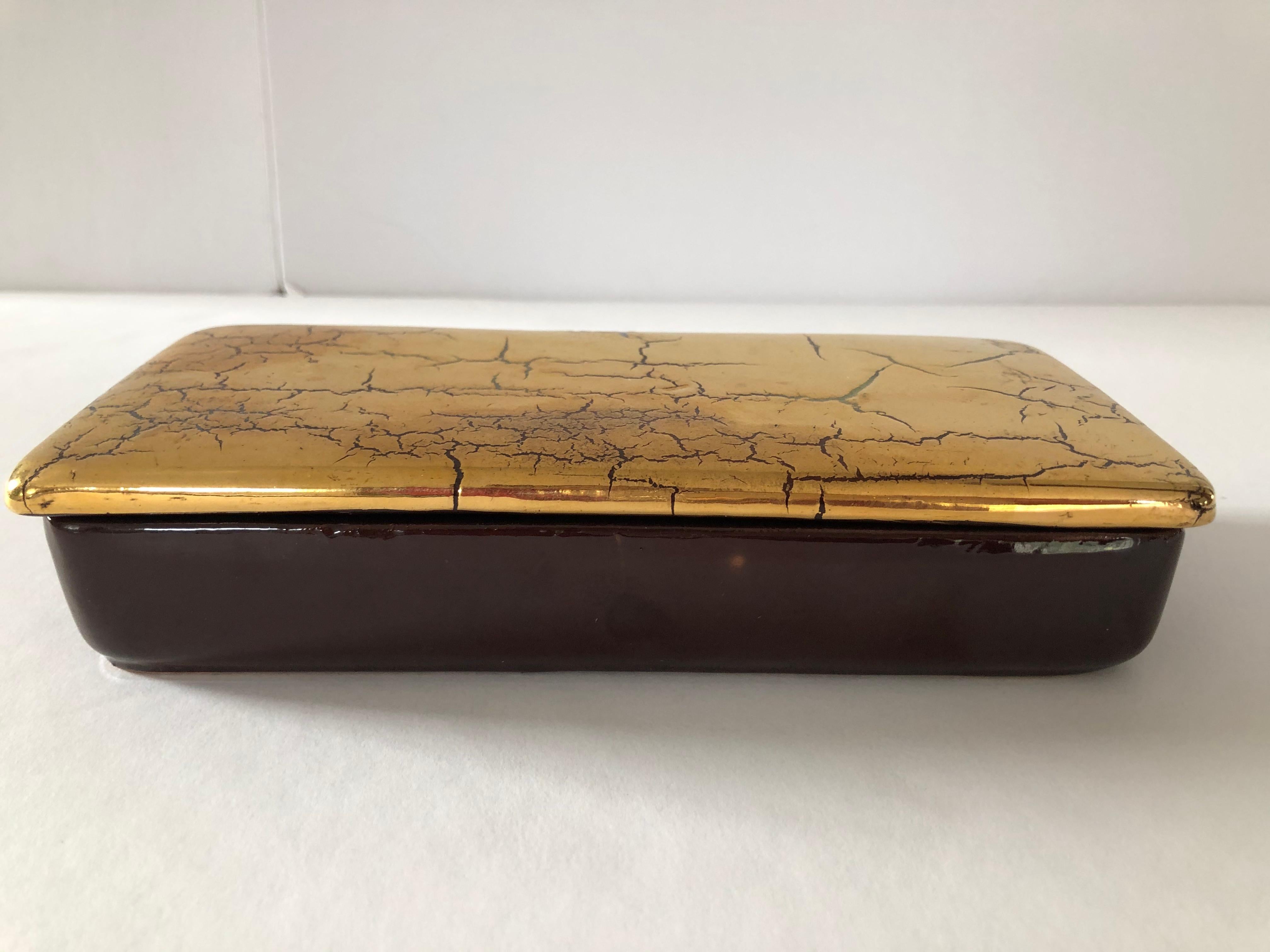 Wood Striking Signed Bitossi Italian Box in Crackled Gold Glaze