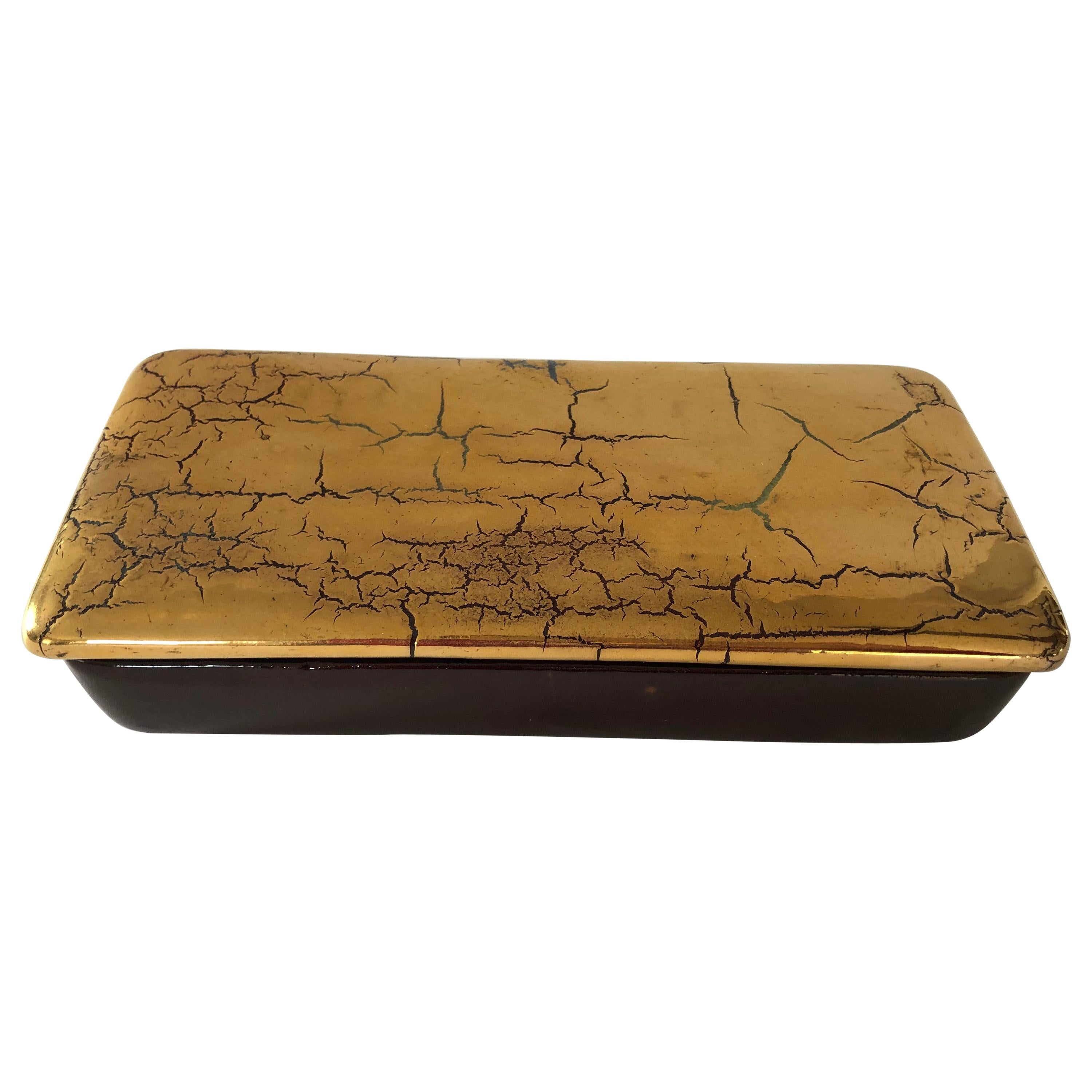 Striking Signed Bitossi Italian Box in Crackled Gold Glaze