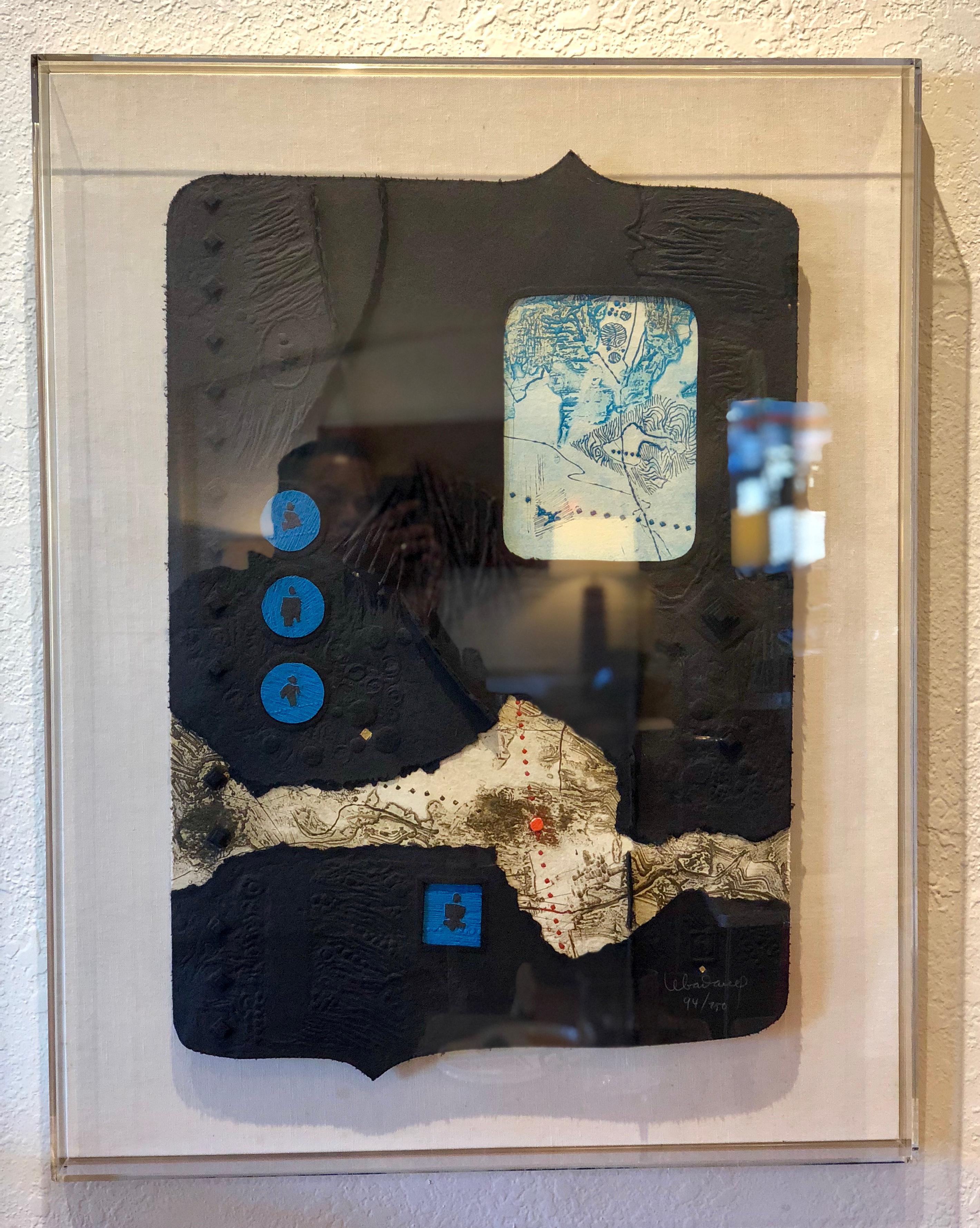 Incredible rare litho by Hoi Lebadang beautiful framed on a Lucite box, with brass frame signed and numbered 94/250, very nice condition Abstract.