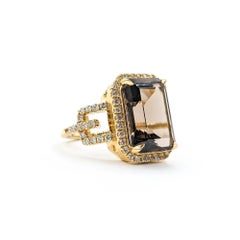 Striking Smoky Quartz & Diamond Ring in 14k Yellow Gold