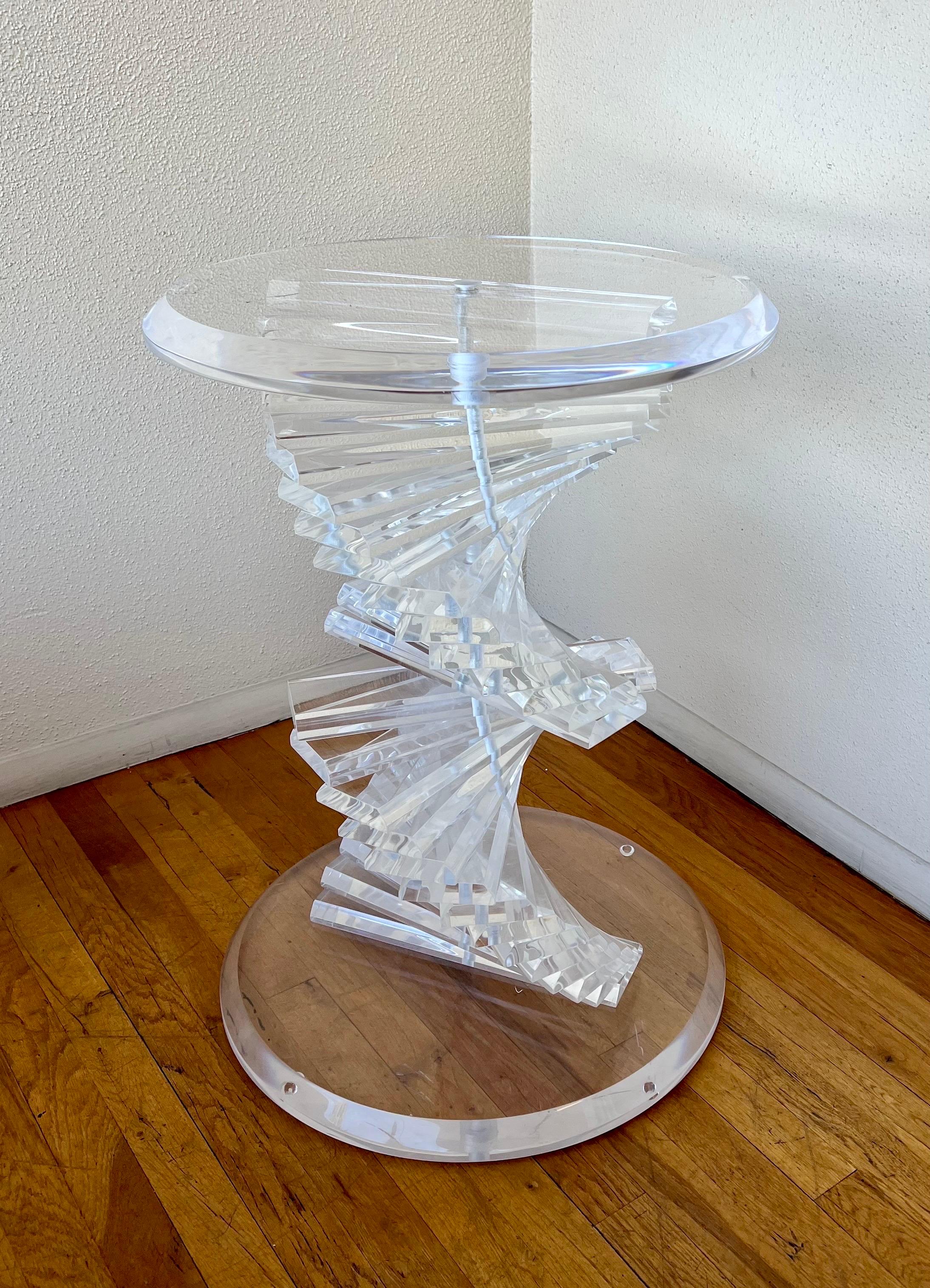 Post-Modern Striking Solid Thick Lucite Spiral Staircase Sculptural Table Dining Base For Sale