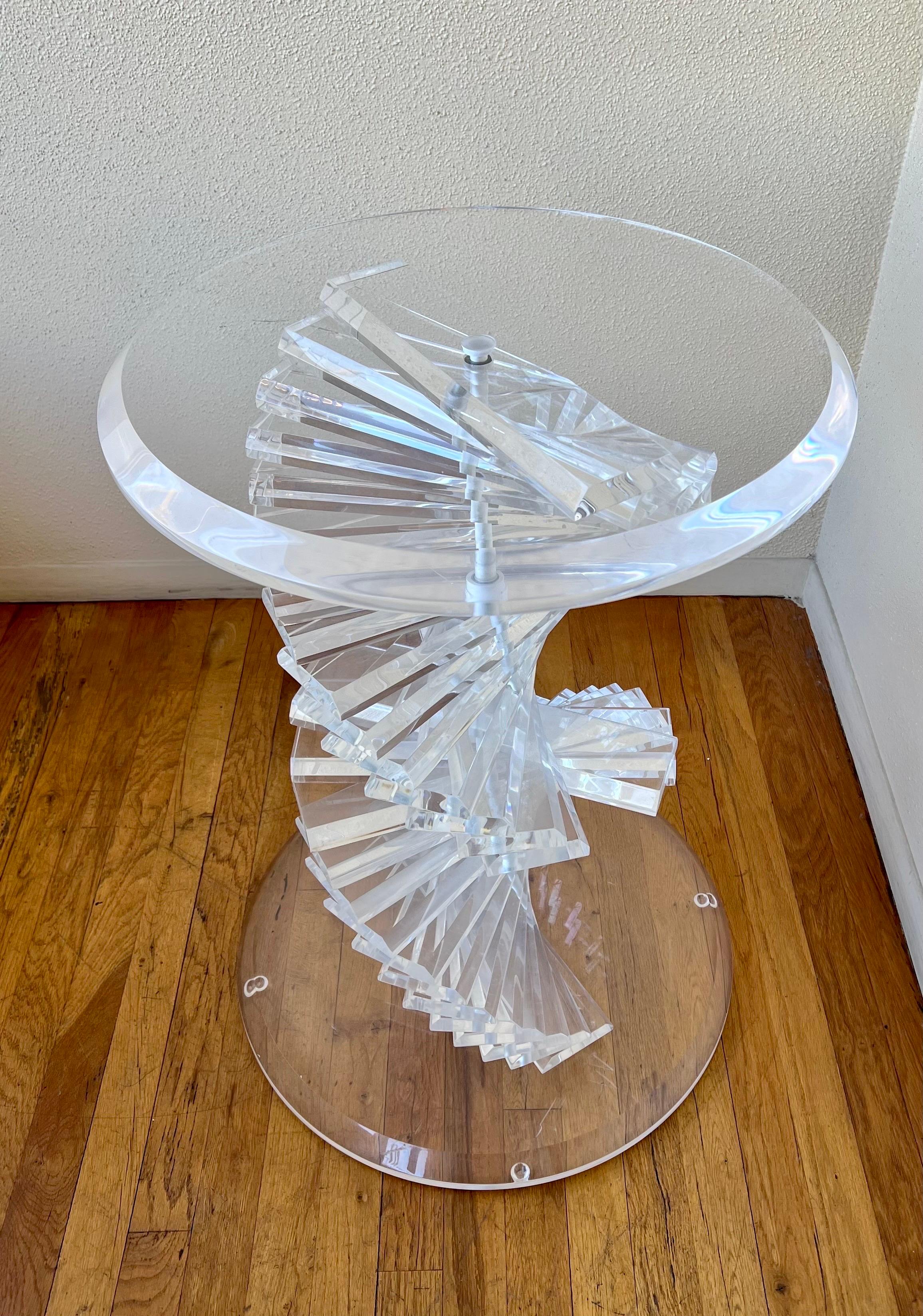 American Striking Solid Thick Lucite Spiral Staircase Sculptural Table Dining Base For Sale