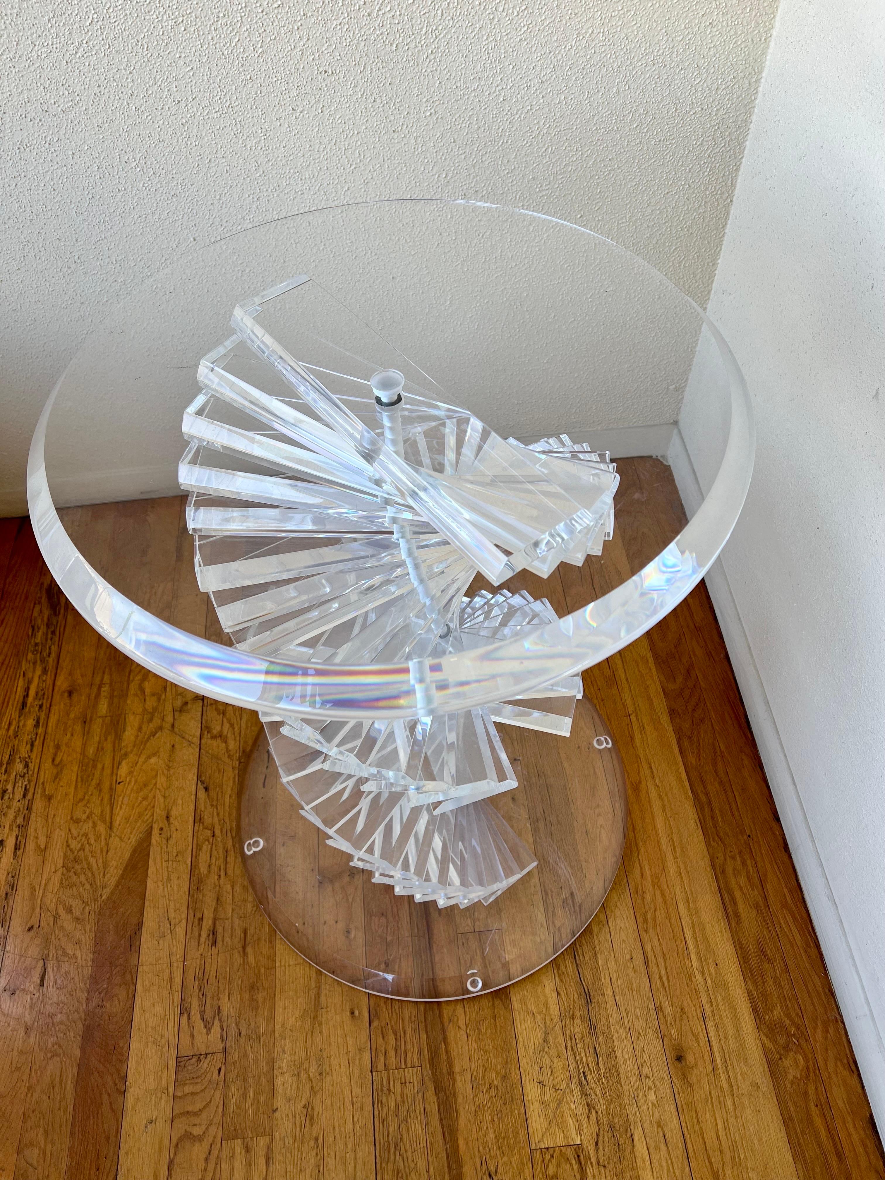 Striking Solid Thick Lucite Spiral Staircase Sculptural Table Dining Base In Excellent Condition For Sale In San Diego, CA