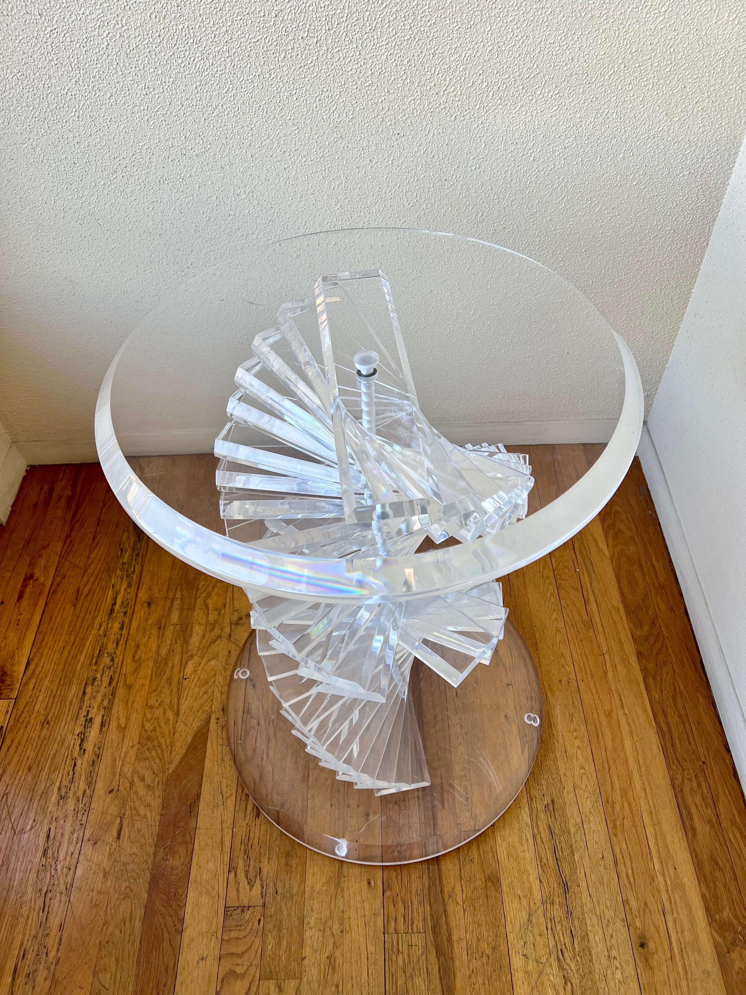 20th Century Striking Solid Thick Lucite Spiral Staircase Sculptural Table Dining Base For Sale