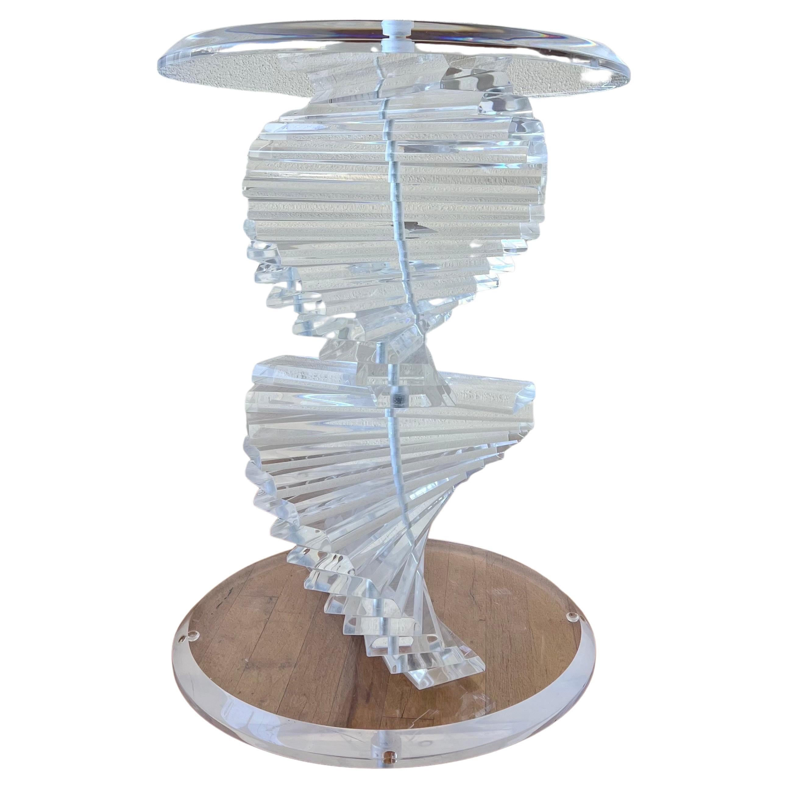 Striking Solid Thick Lucite Spiral Staircase Sculptural Table Dining Base For Sale