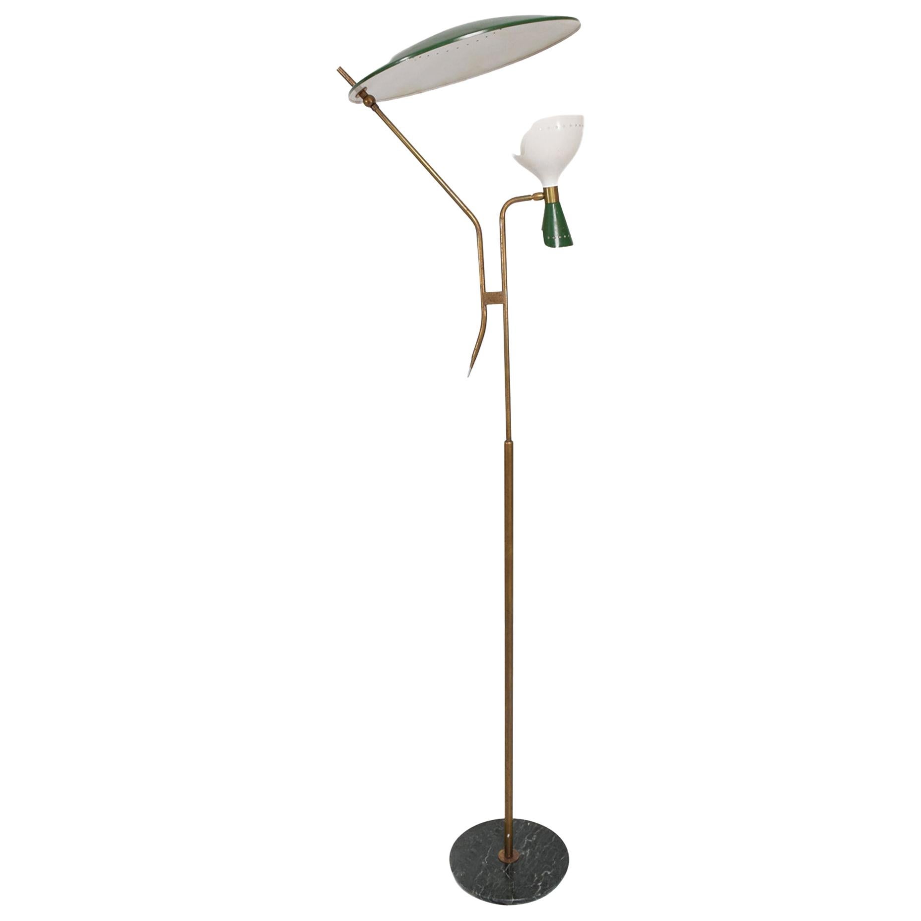 Striking STILNOVO Green Italian Marble & Brass Floor Lamp Dual Cone Italy 1950s