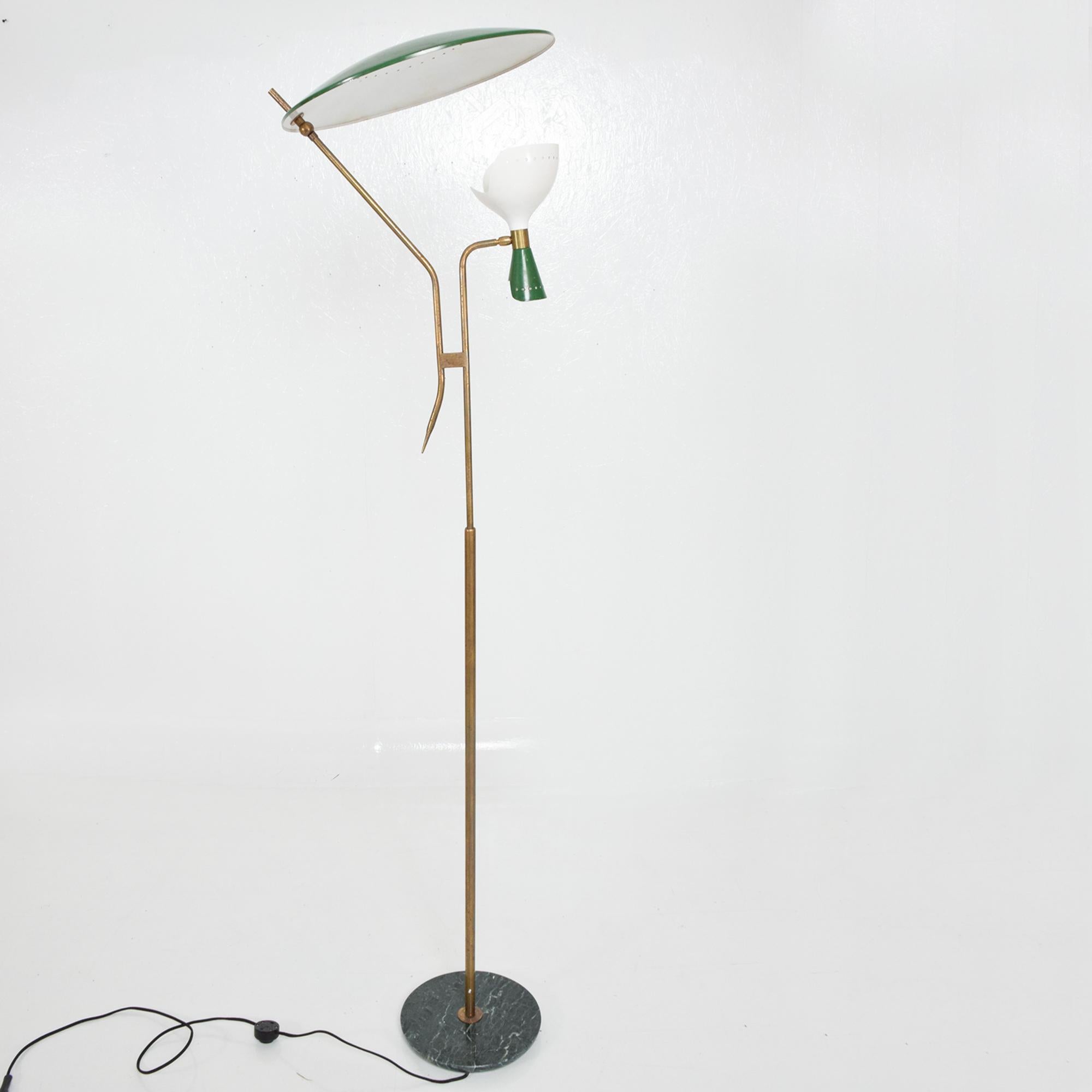 Sensational design Midcentury Modern Floor Lamp attributed to Stilnovo. Made in Italy. Stamp from maker not present. 
Brass body with Original Patina. Dark green Italian Marble Base with Green Reflector at Top. Features fabulous Dual Cone