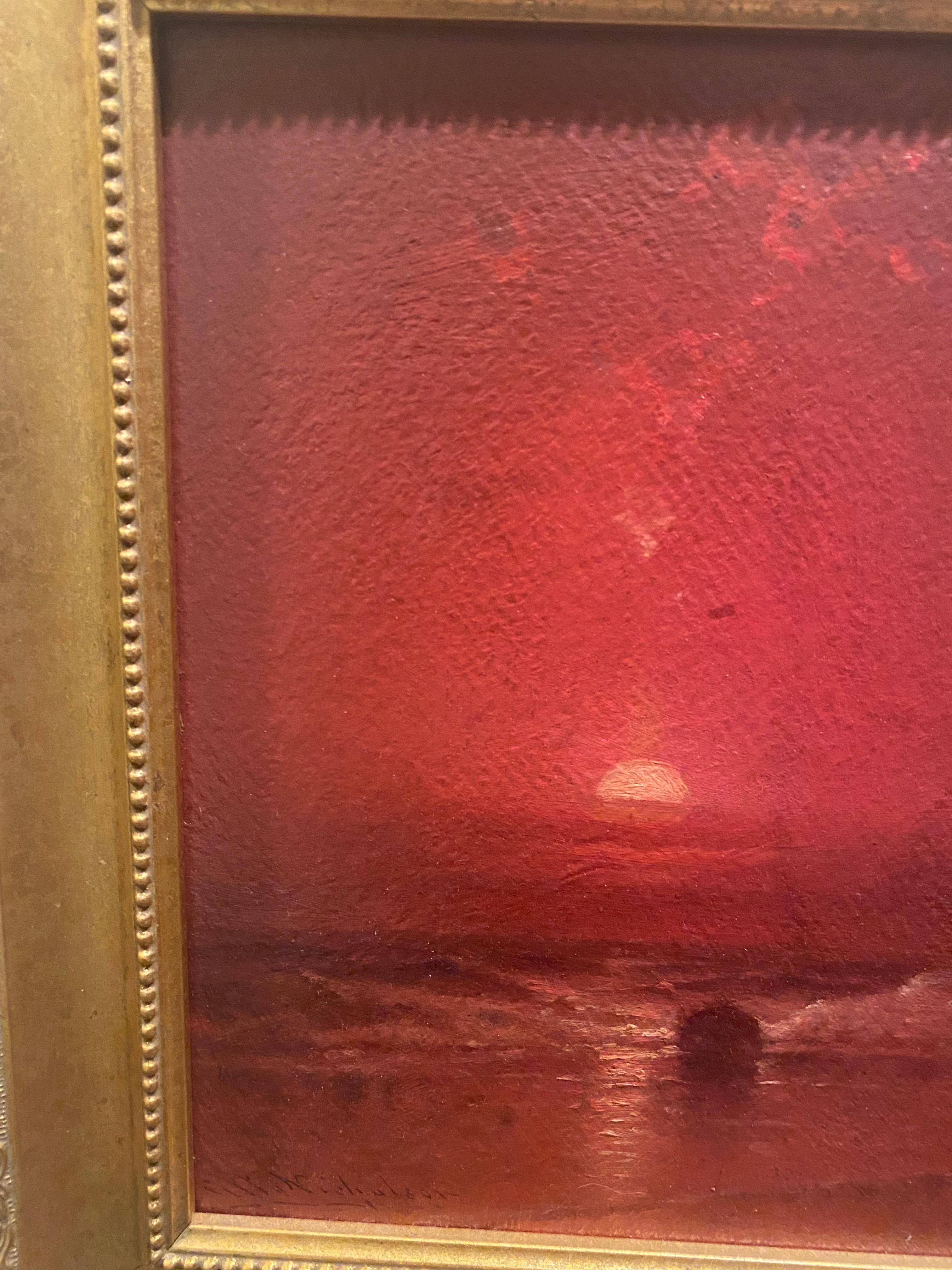 George Washington Nicholson 1832-1912
Huile originale sur panneau 
Coucher de soleil saisissant sur l'eau avec deux voiliers.  
Signé en bas à gauche 

Taille de l'image : 14 