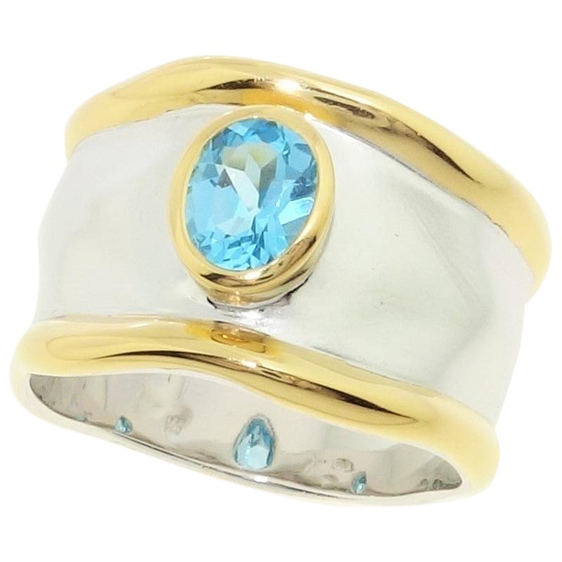 Auffälliger Schweizer Blautopas Solitär Cocktail Sterlingsilber Ring Feinschmuck