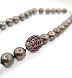 Striking Tahitian Pearl, Ruby & Diamond Necklace in 14k Gold