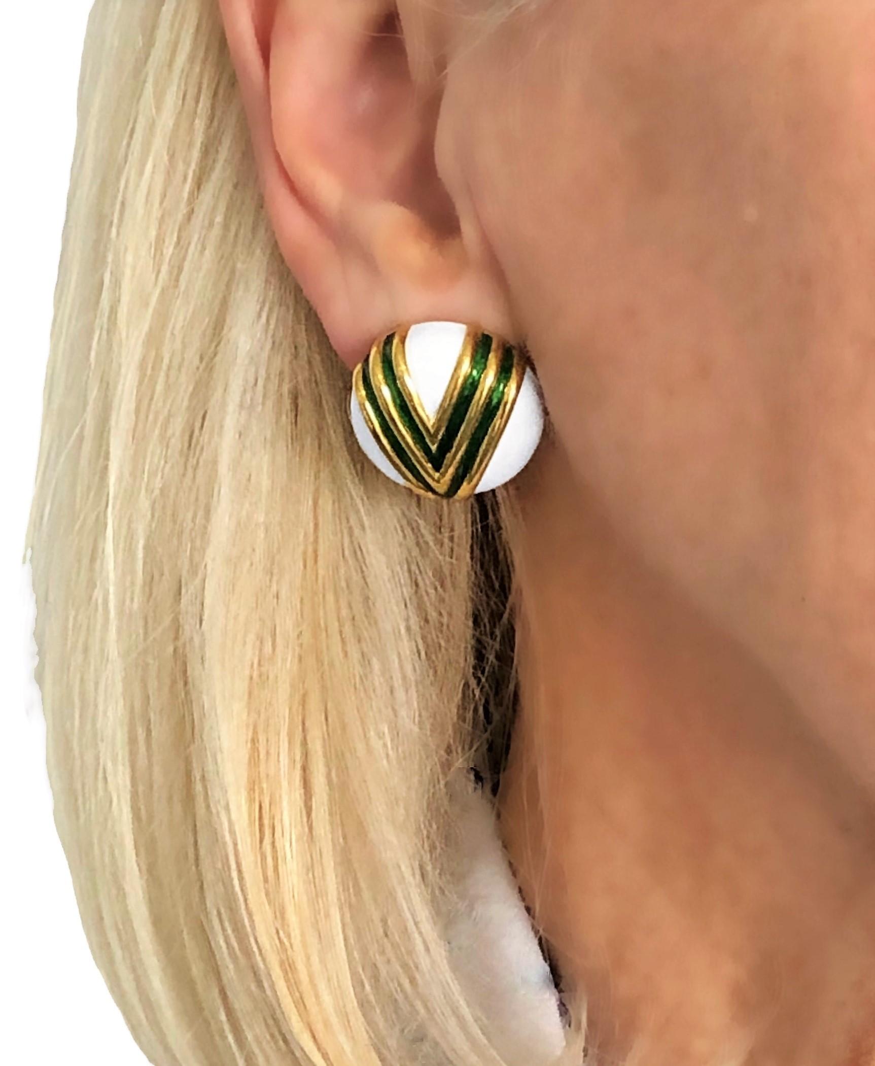 Striking Tiffany & Co. 18K White Enamel Round Earrings with Green Chevron Design 5