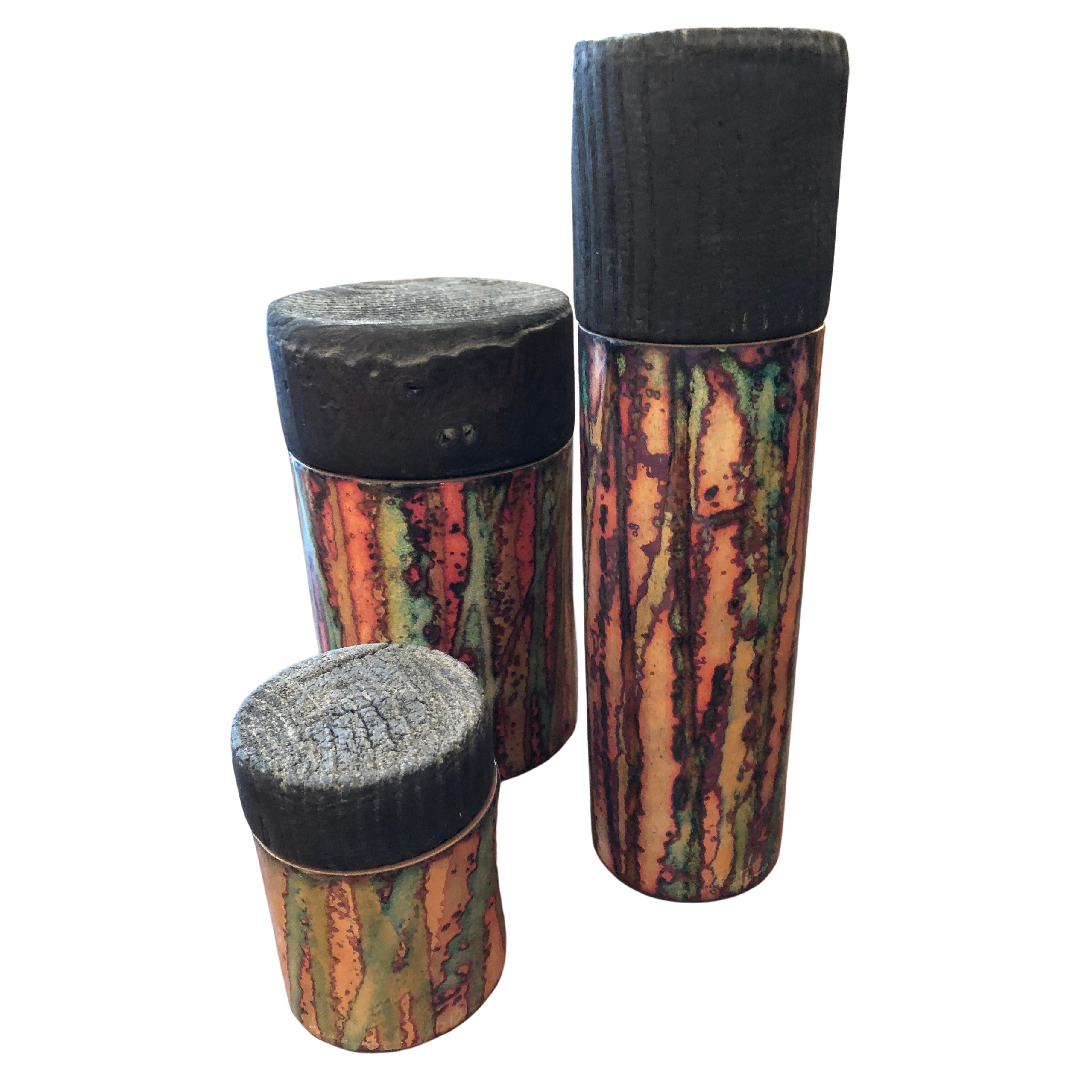 Striking Trio of Artisan Hand Made Copper Glazed Cannisters Vessels  For Sale