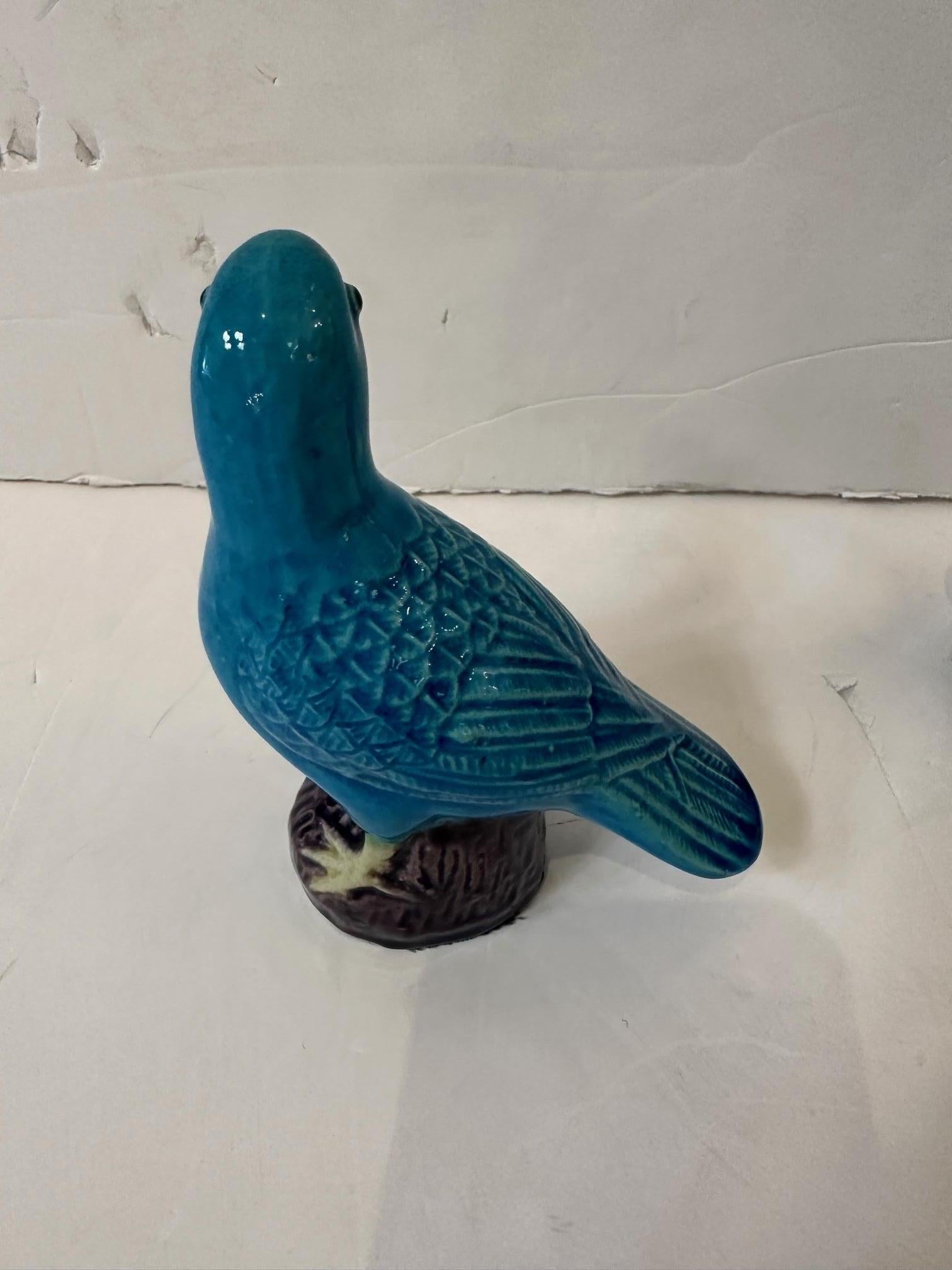 Chinese Export Striking Turquoise Pair of Chinese Porcelain Bluebirds For Sale
