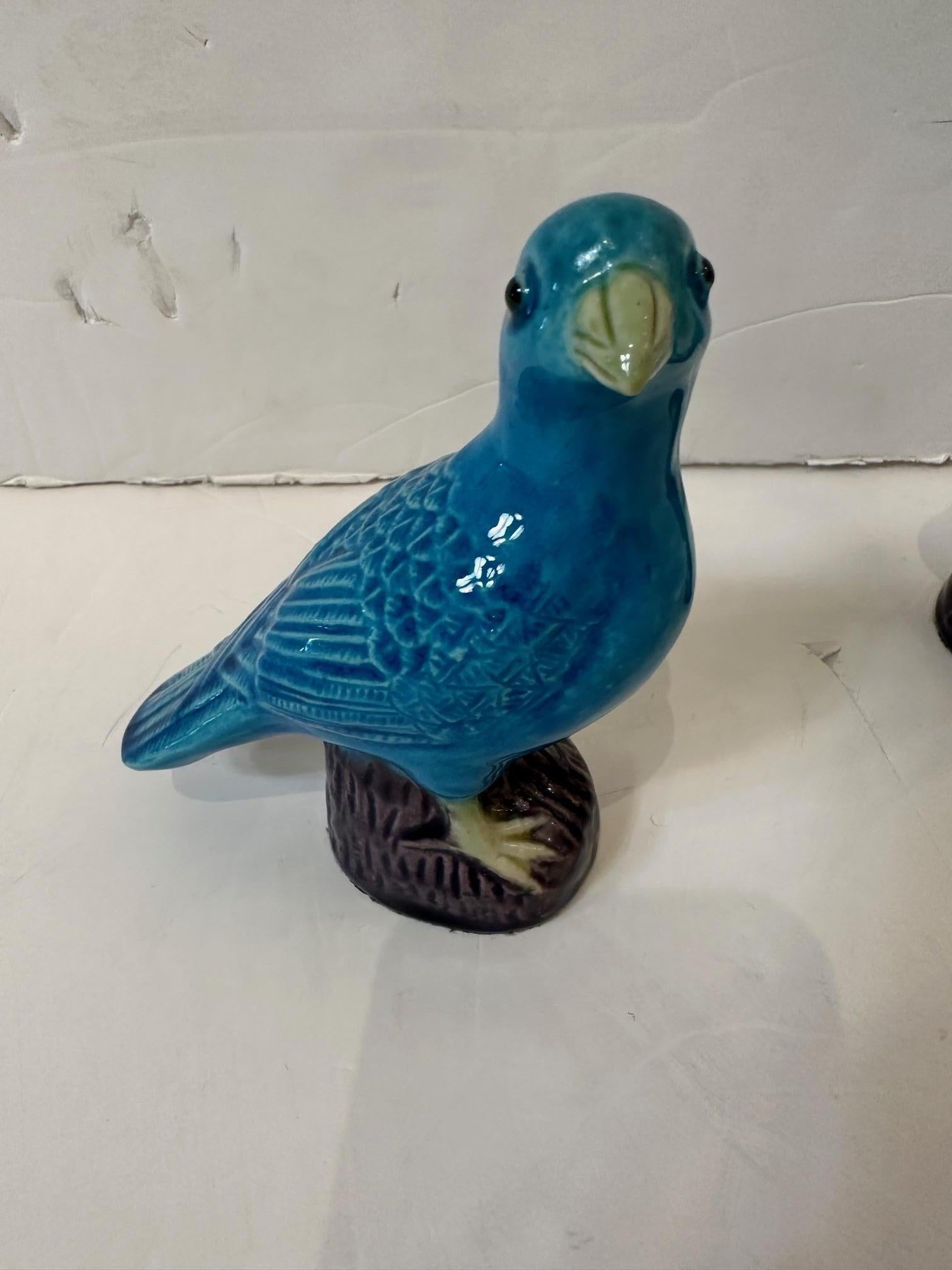 Striking Turquoise Pair of Chinese Porcelain Bluebirds For Sale 1