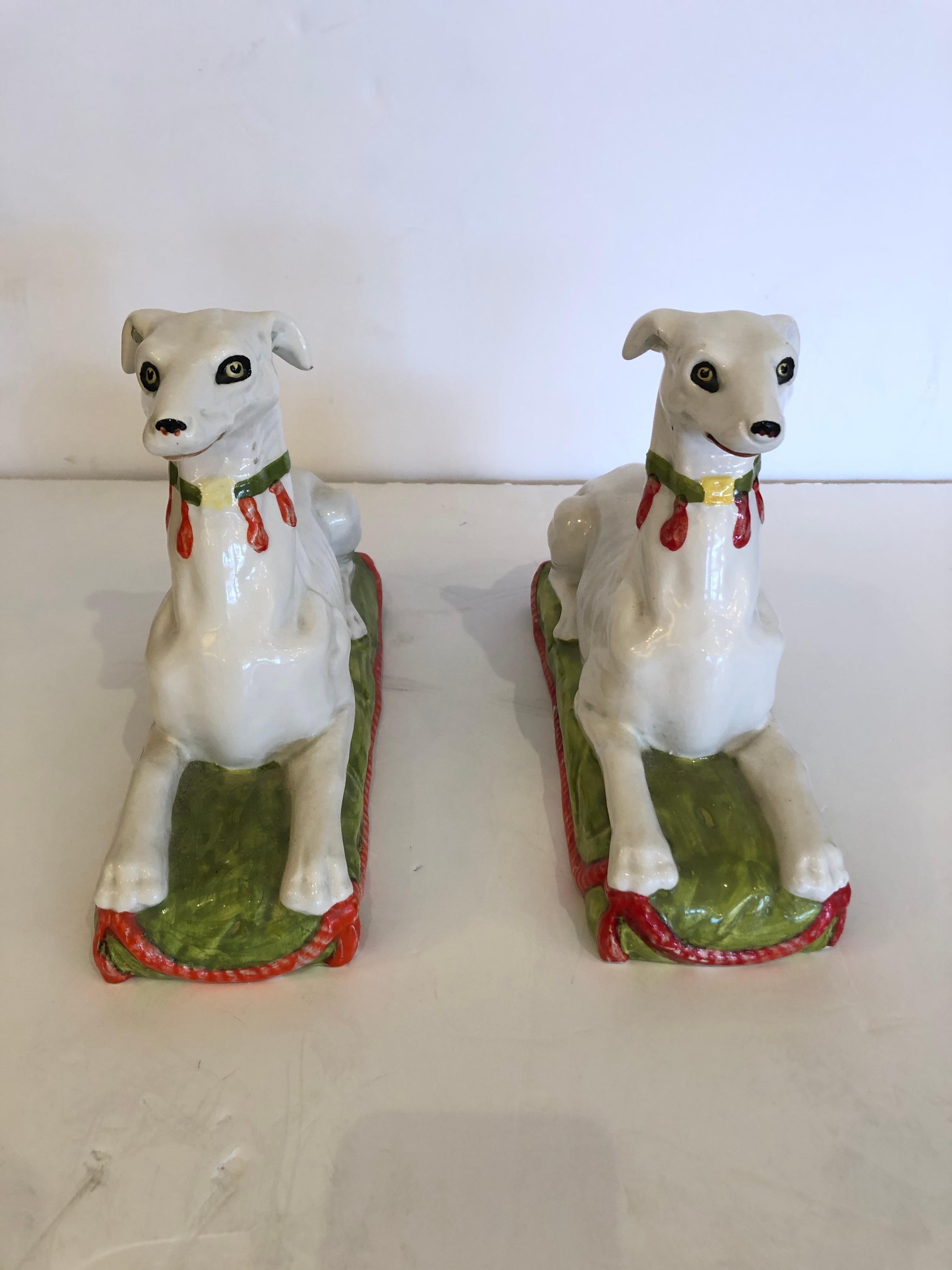 Striking Unusual Pair of Italian Ceramic Recument Whippets Greyhounds Sculptures In Good Condition For Sale In Hopewell, NJ