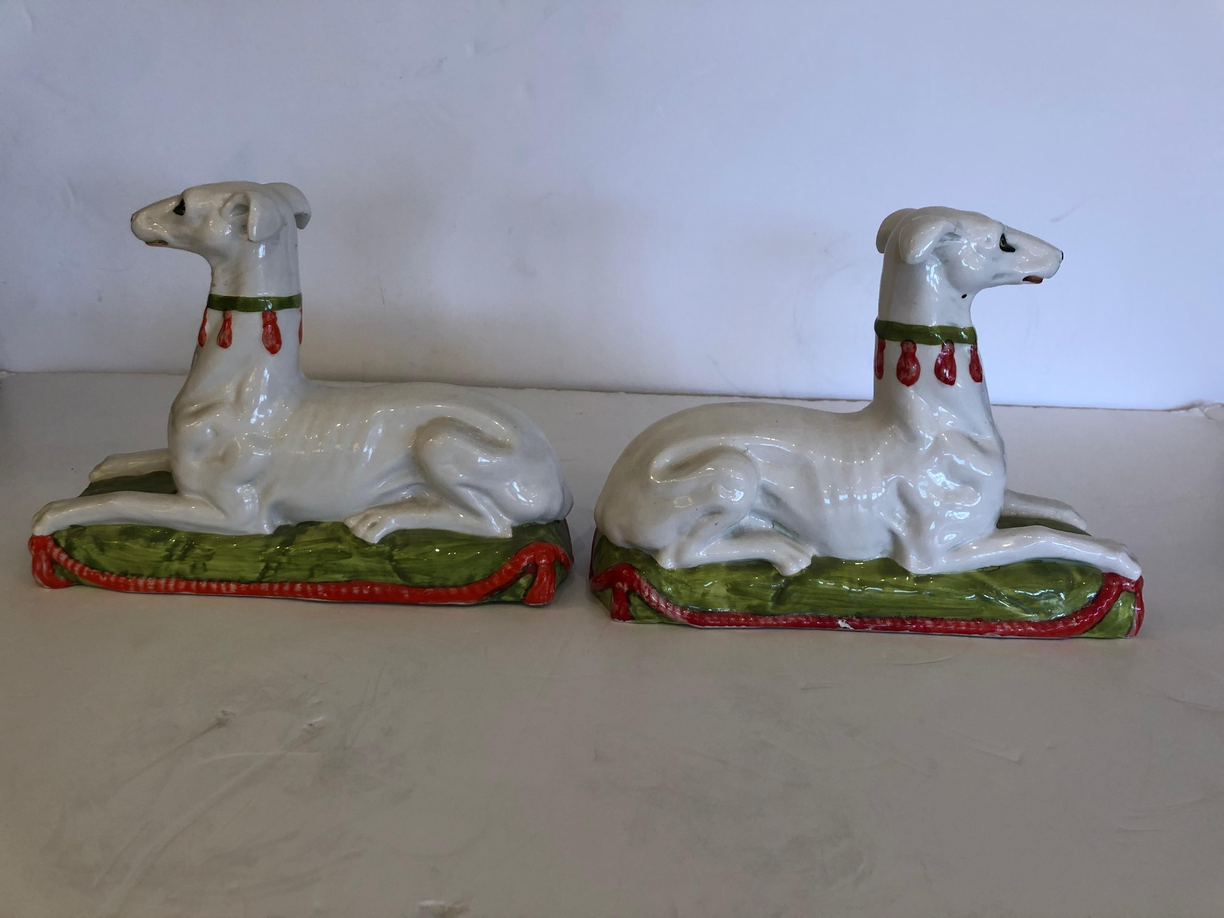 Striking Unusual Pair of Italian Ceramic Recument Whippets Greyhounds Sculptures For Sale 2