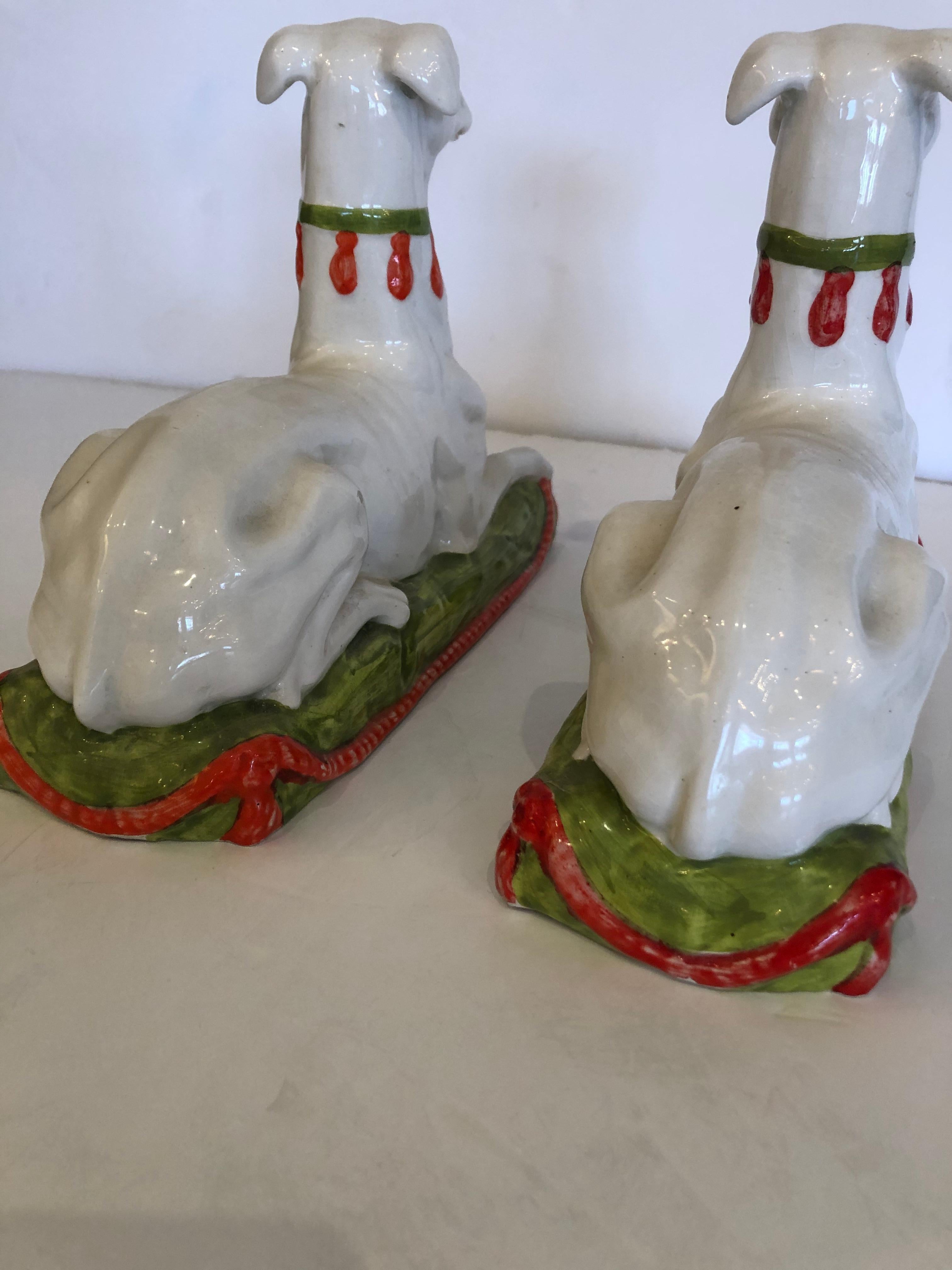 Striking Unusual Pair of Italian Ceramic Recument Whippets Greyhounds Sculptures For Sale 4