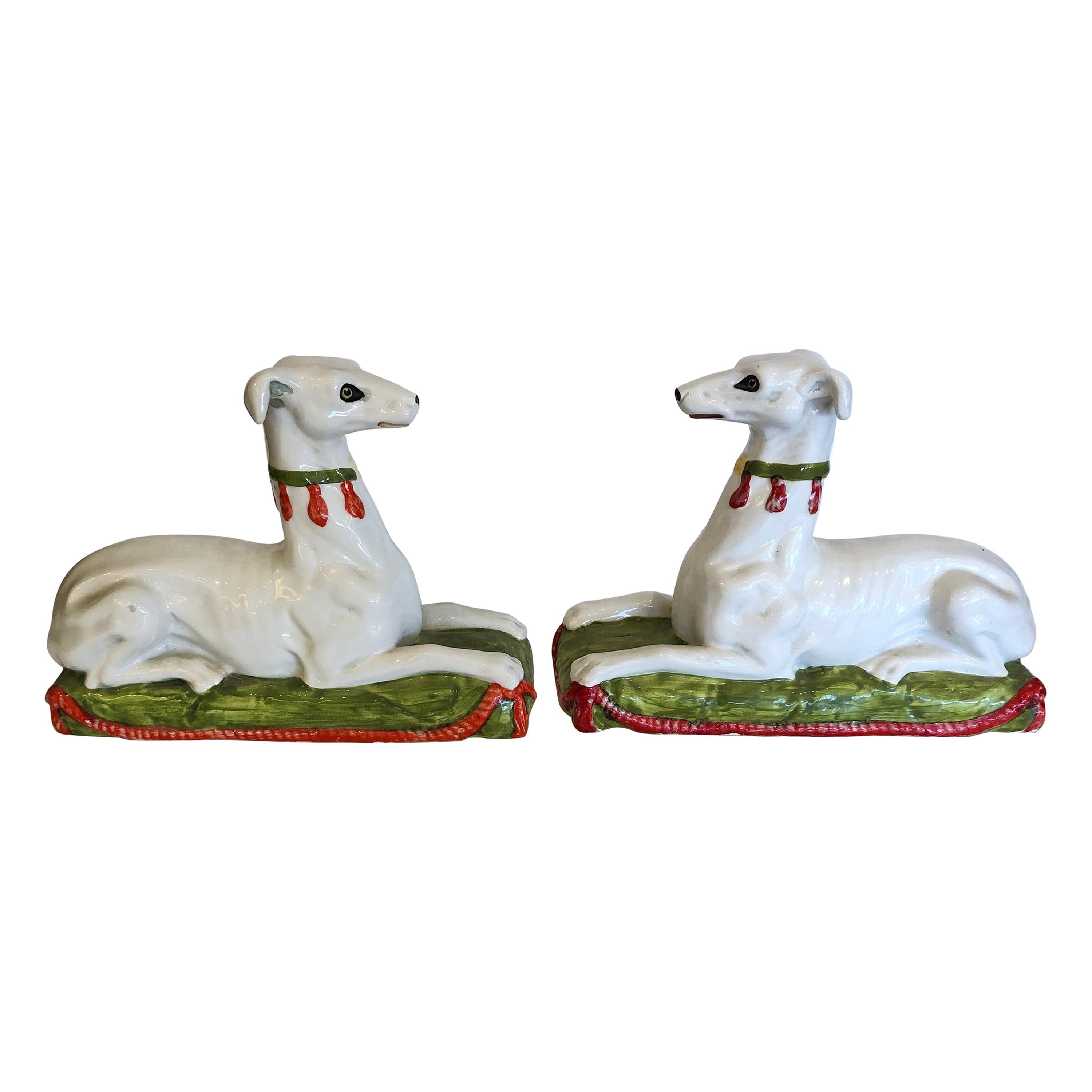 Striking Unusual Pair of Italian Ceramic Recument Whippets Greyhounds Sculptures