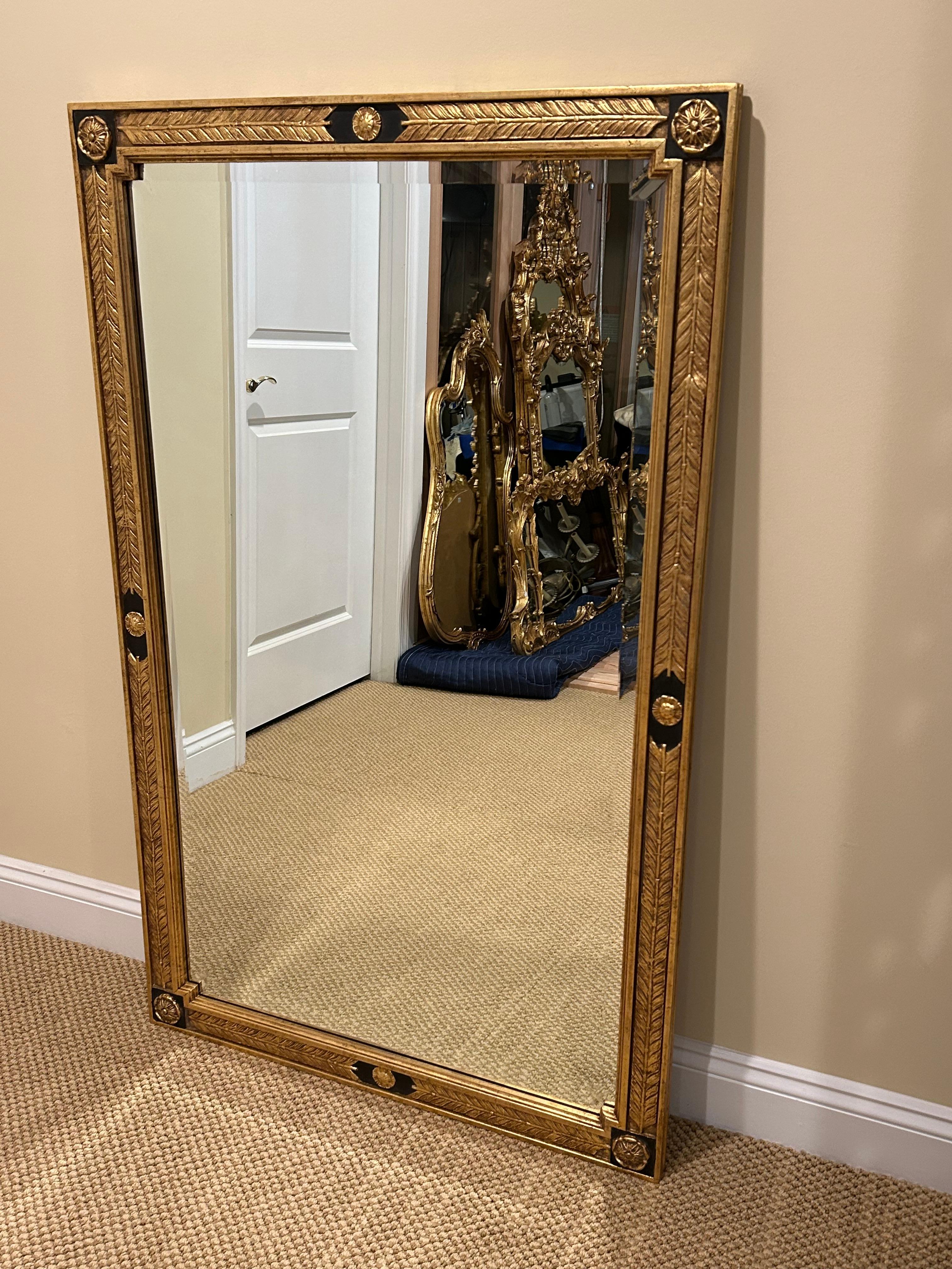 American Striking Very Large Gold Leaf and Ebonized Mirror With Feathers & Rosettes