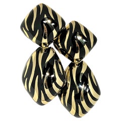 Striking Vintage 14k Yellow Gold Tiger Stripe Enamel Hanging Earrings