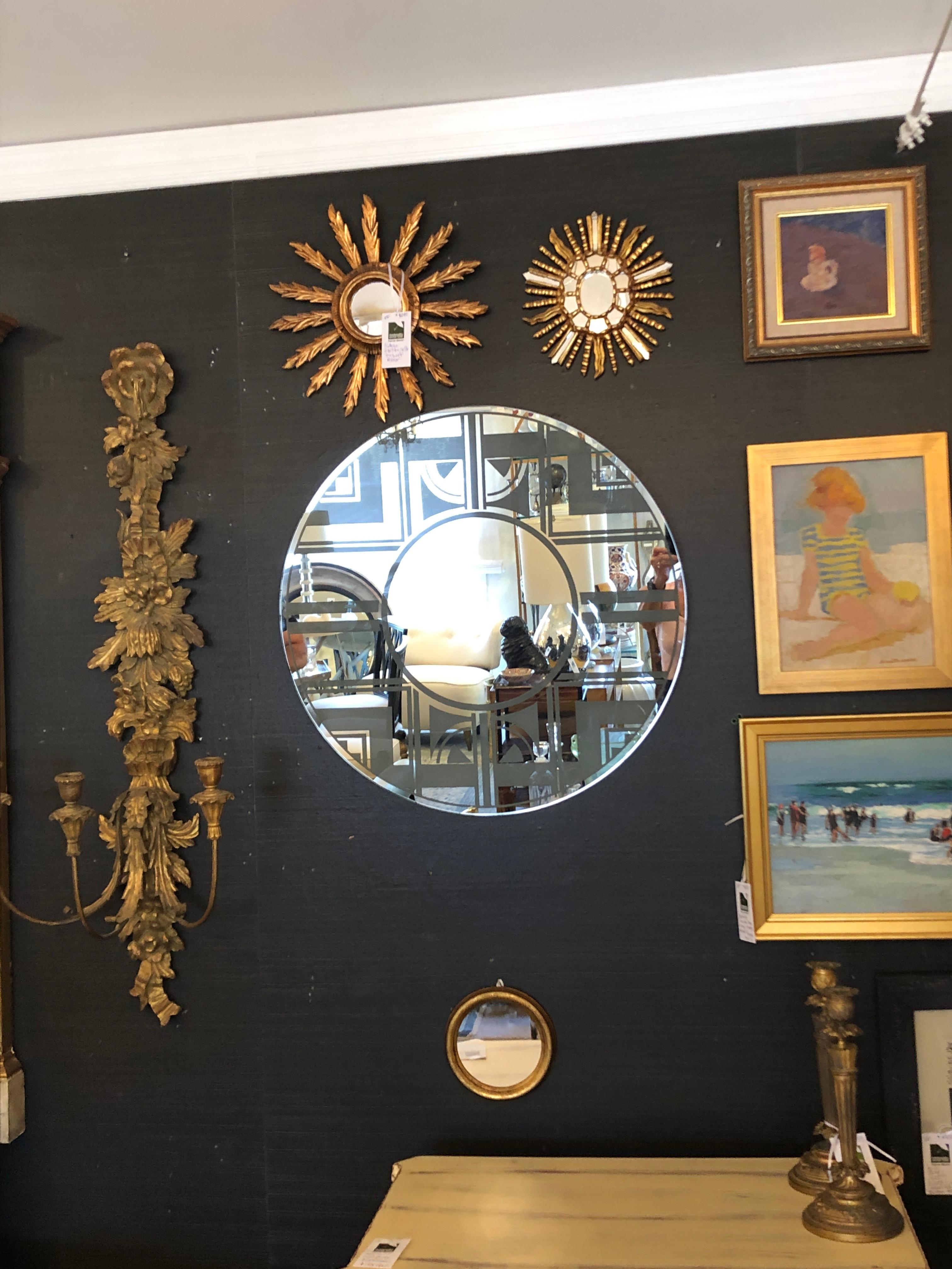 French Striking Vintage Art Deco Round Mirror For Sale