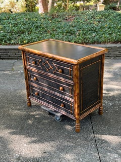 Striking Vintage Weathered Ebony Cane Rattan Bamboo Chest - Pair Available