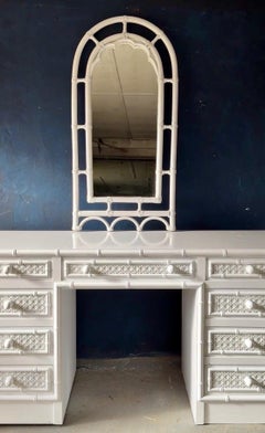 Striking Vintage White Rattan Arch Wall Mirror with Decorative Lattice Frame