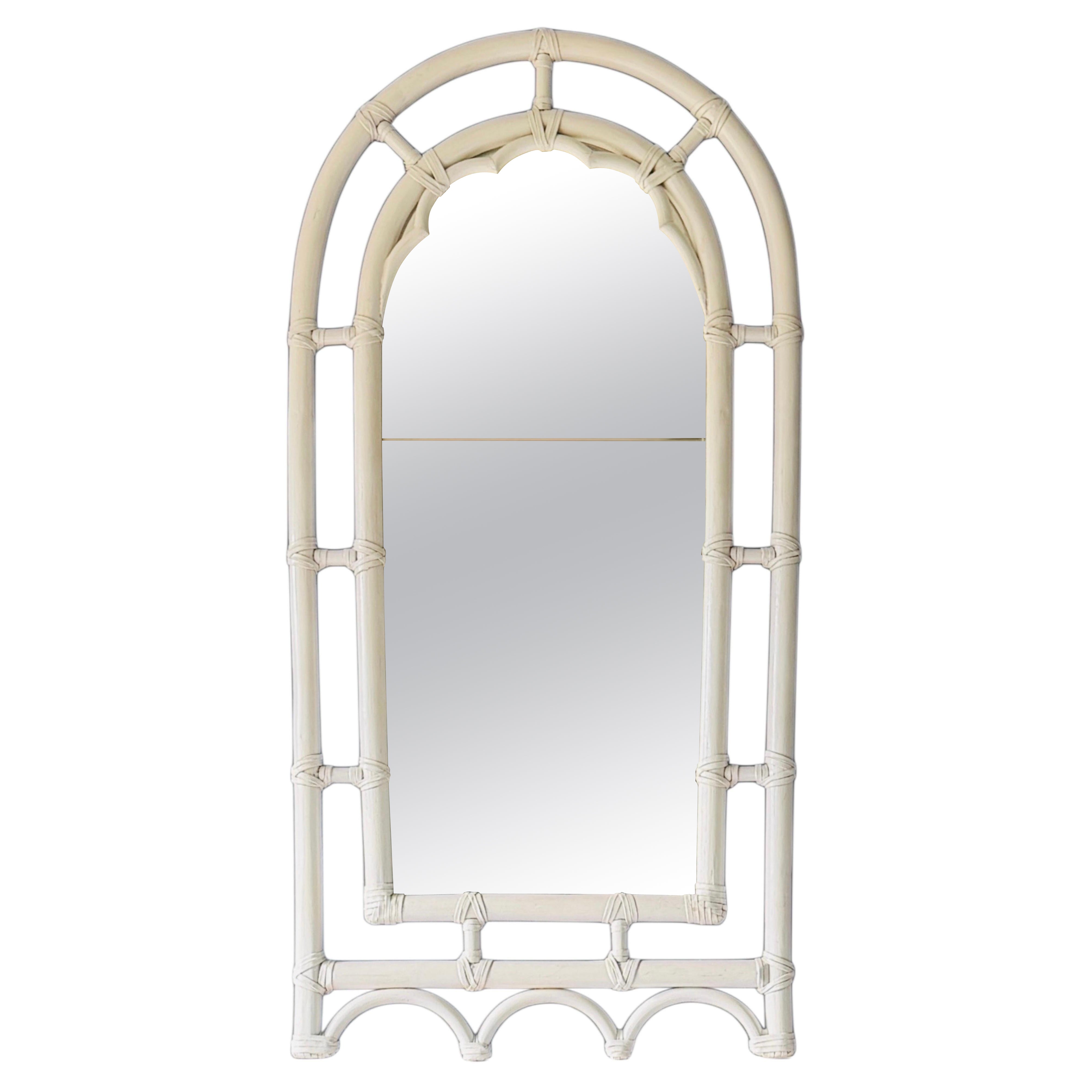 Striking Vintage White Rattan Arch Wall Mirror with Decorative Lattice Frame