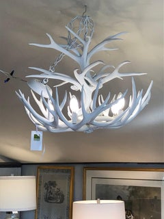 White Antler Chandelier, Adirondack Style, Brass Canopy, USA, 1980