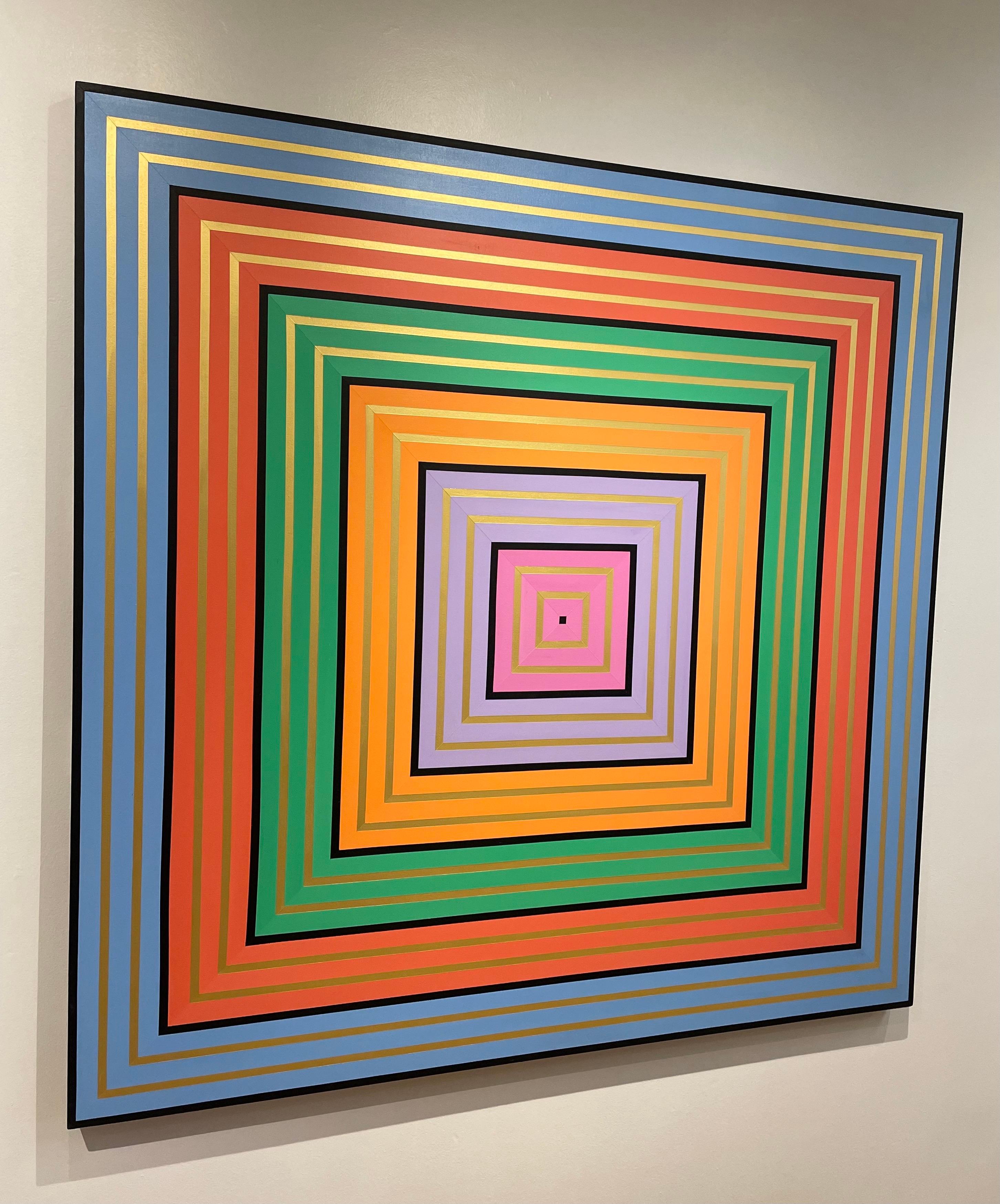 Beautiful colors and great technic on this striking geometric acrylic on canvas by san Diego artist Allen Perrier circa 2012. Large size.
