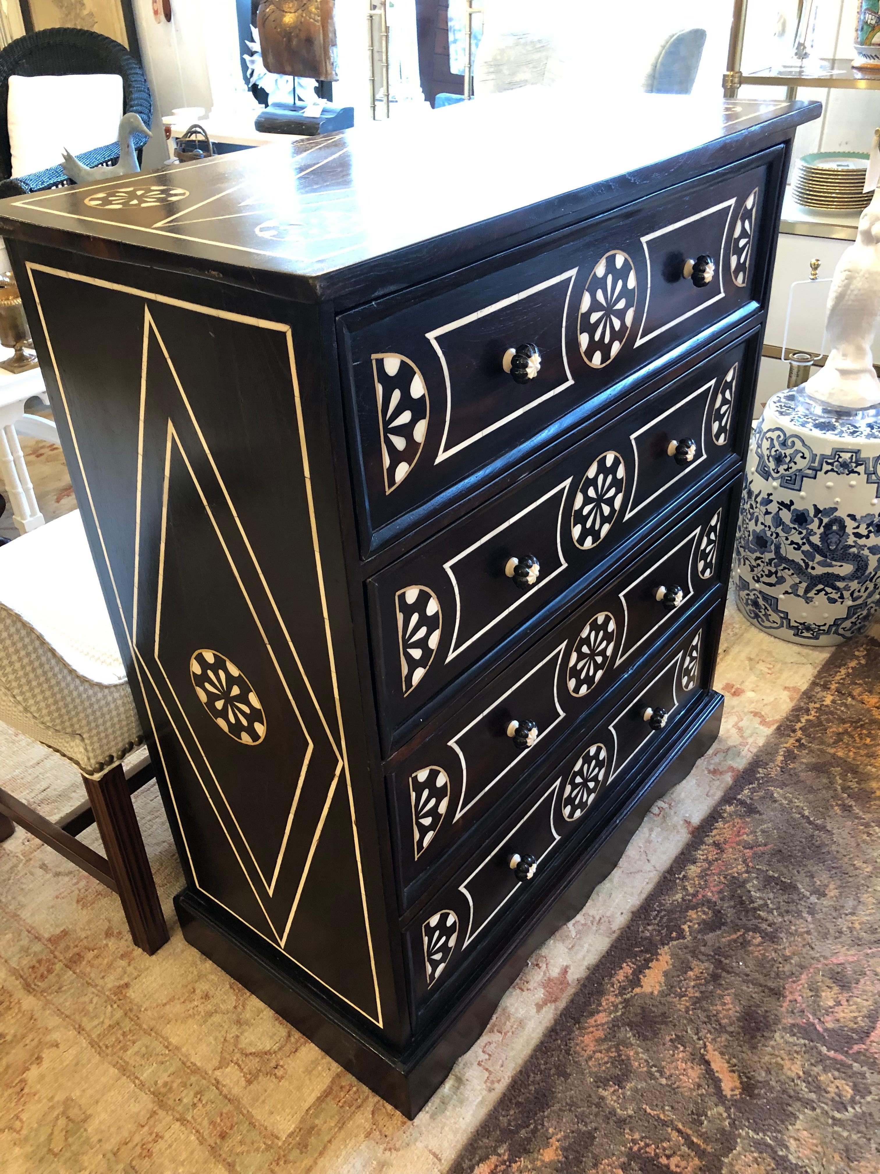 Strikingly Beautiful Vintage Black and White Inlaid Chest of Drawers For Sale 3