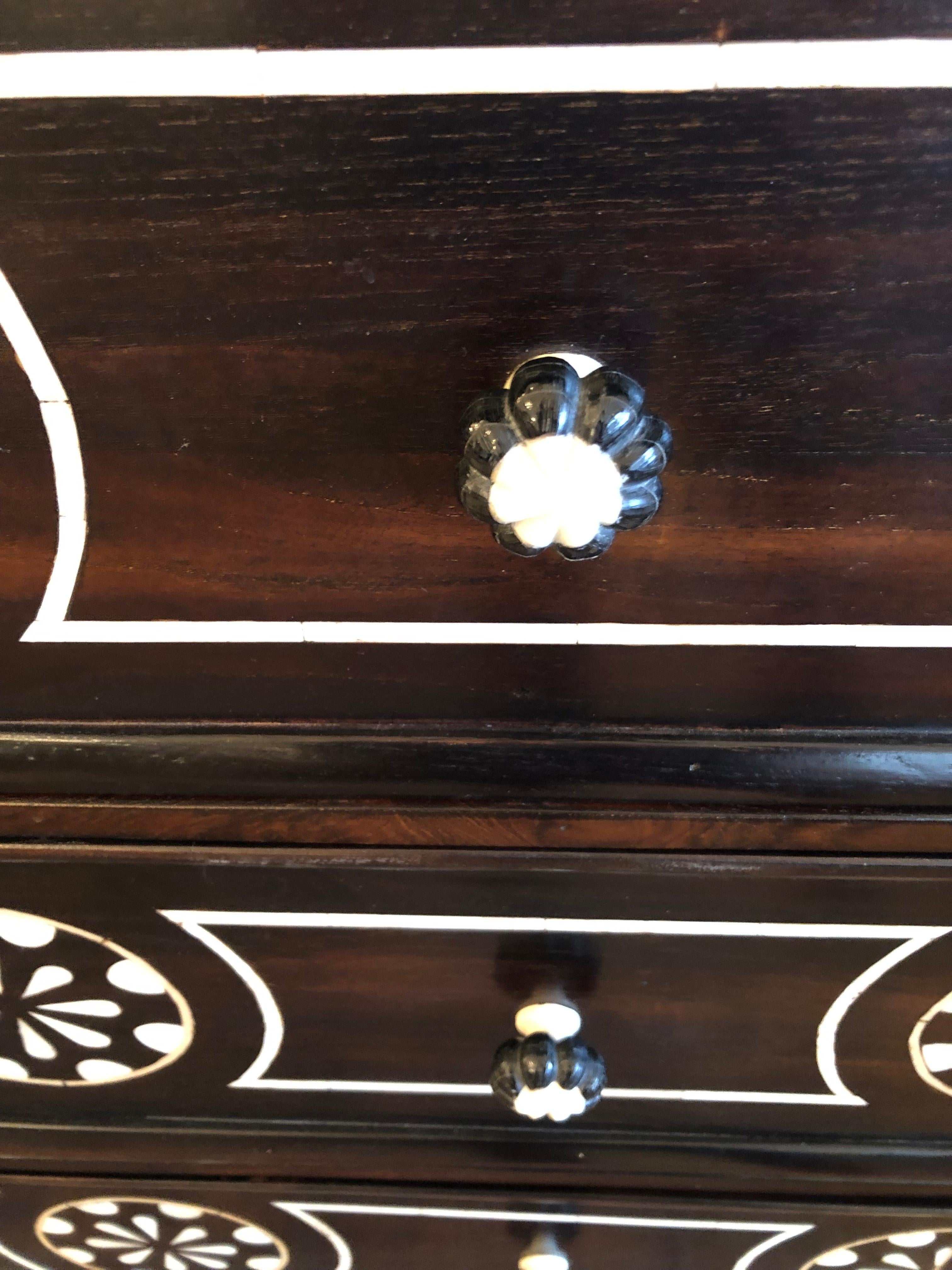 Wood Strikingly Beautiful Vintage Black and White Inlaid Chest of Drawers For Sale