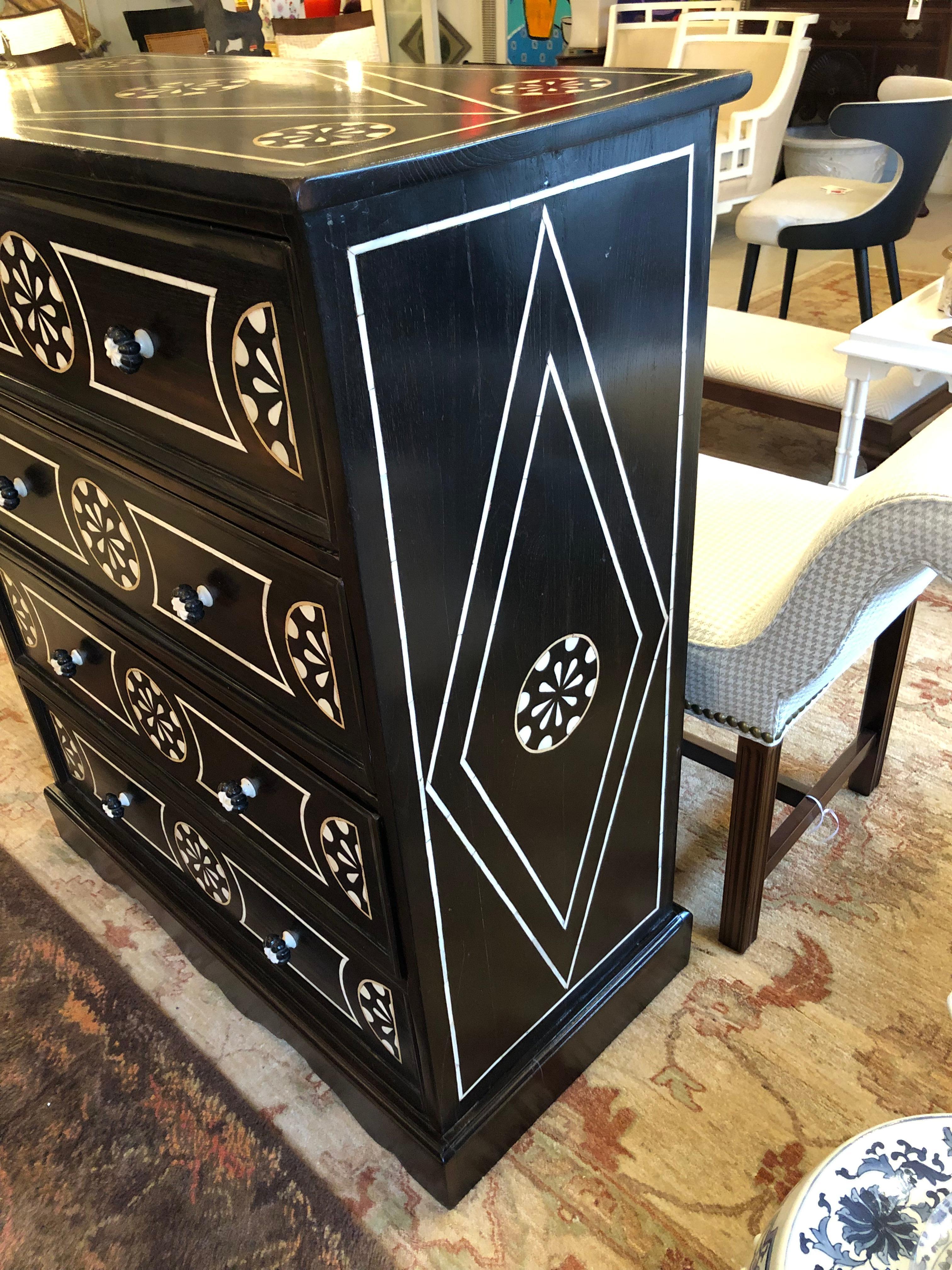 Strikingly Beautiful Vintage Black and White Inlaid Chest of Drawers For Sale 1