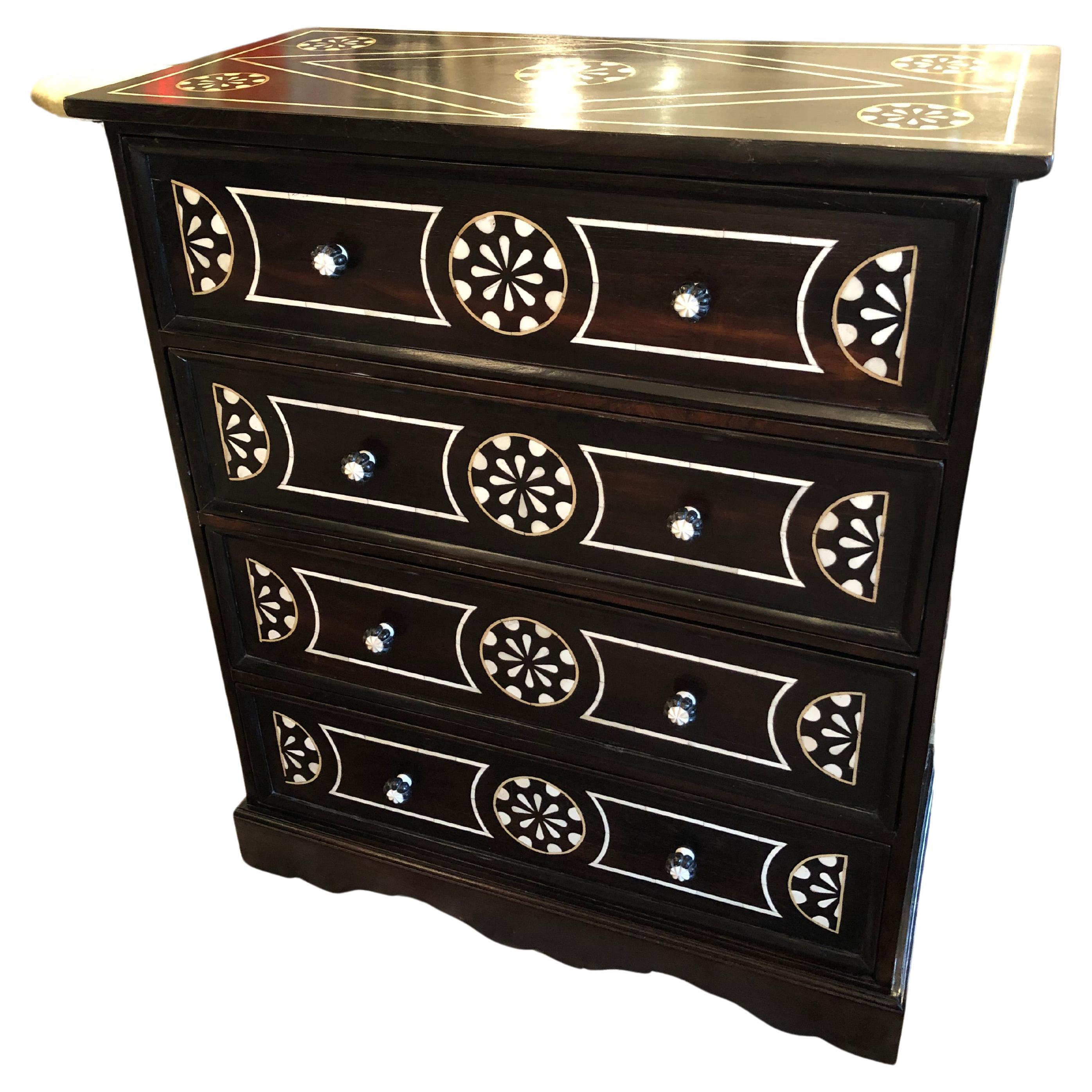 Strikingly Beautiful Vintage Black and White Inlaid Chest of Drawers For Sale
