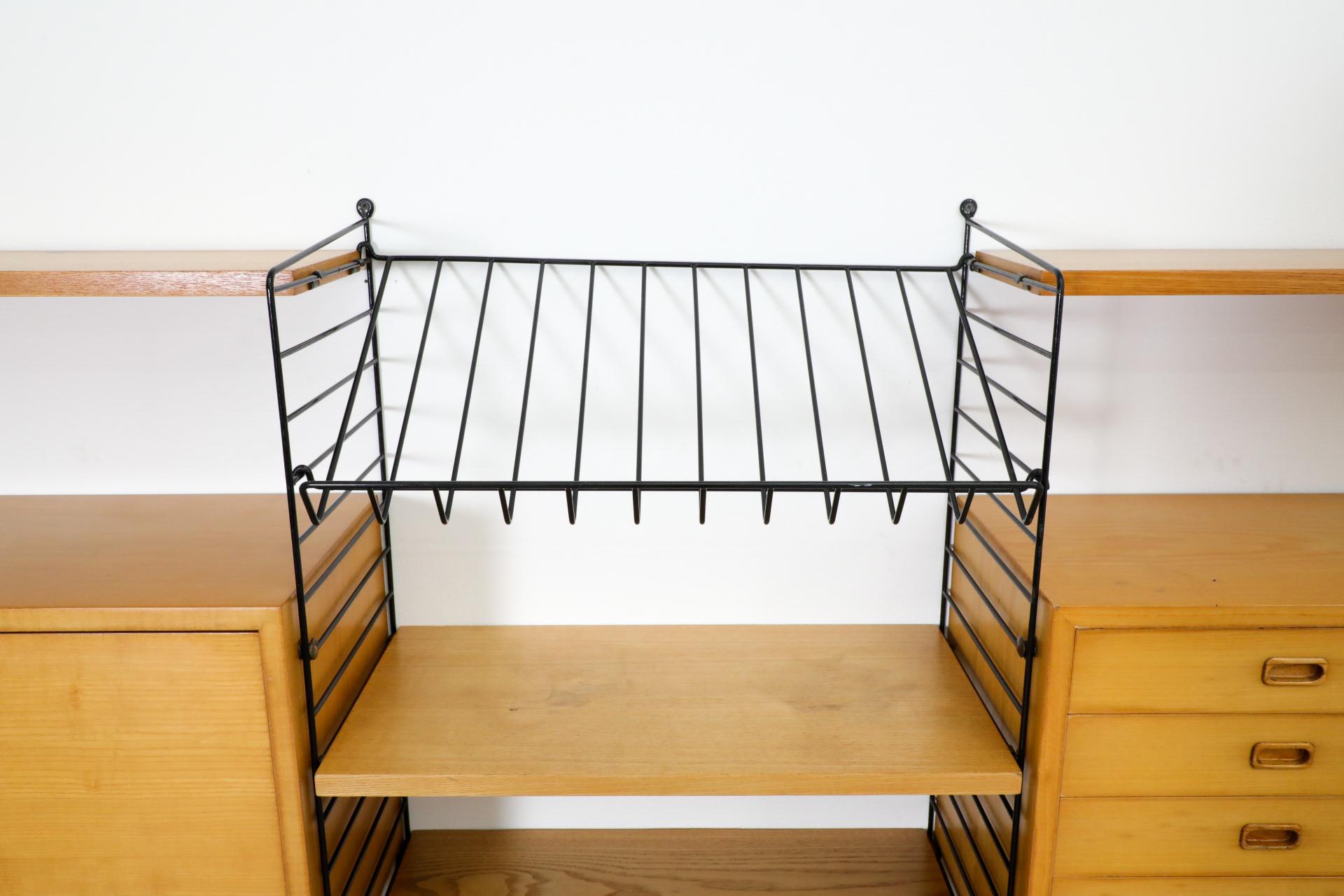 String 3 Section Oak Wall Mount Unit w/ 4 Shelves, 2 Cabinets & Magazine Rack For Sale 2