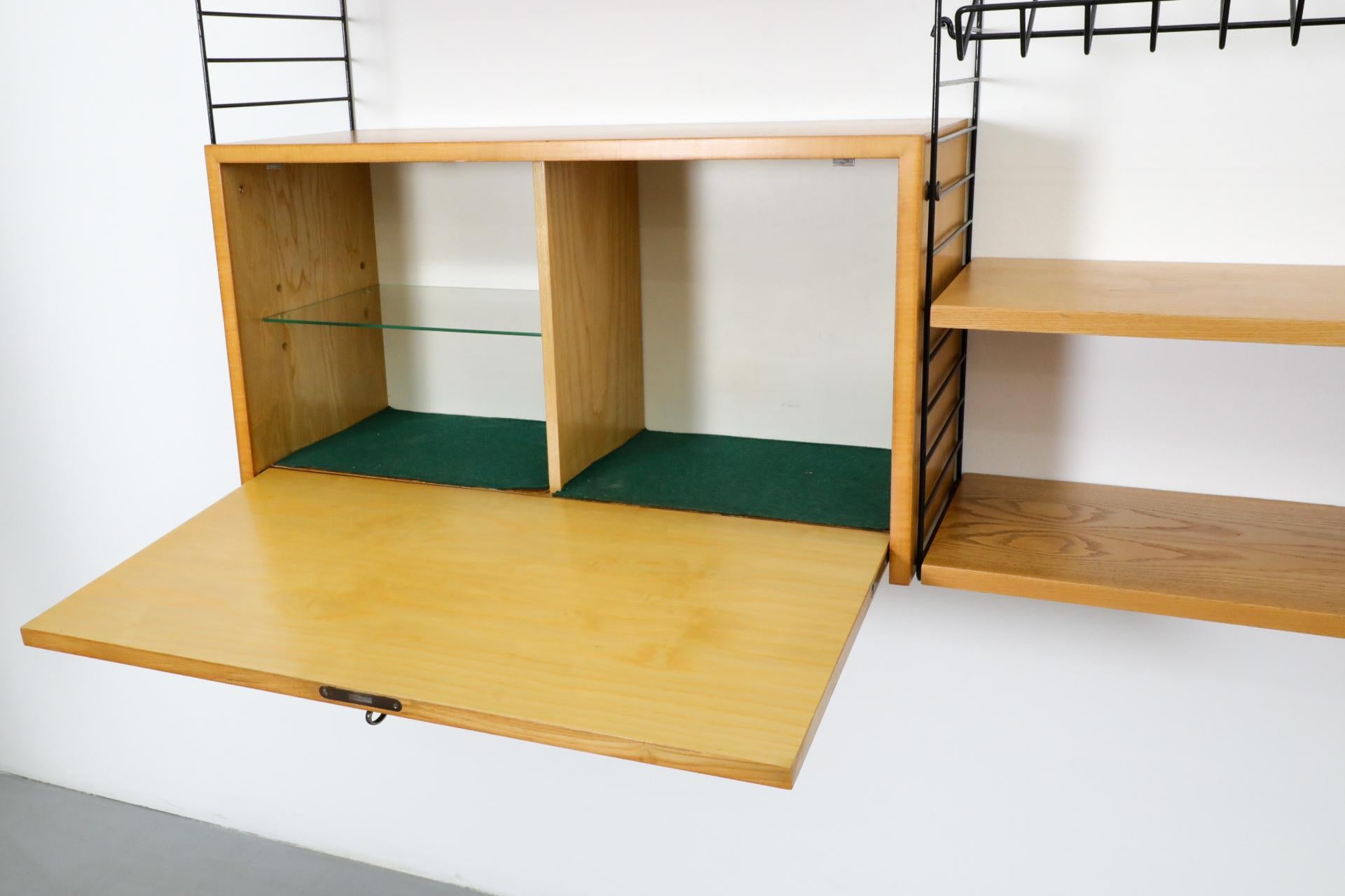 String 3 Section Oak Wall Mount Unit w/ 4 Shelves, 2 Cabinets & Magazine Rack For Sale 3