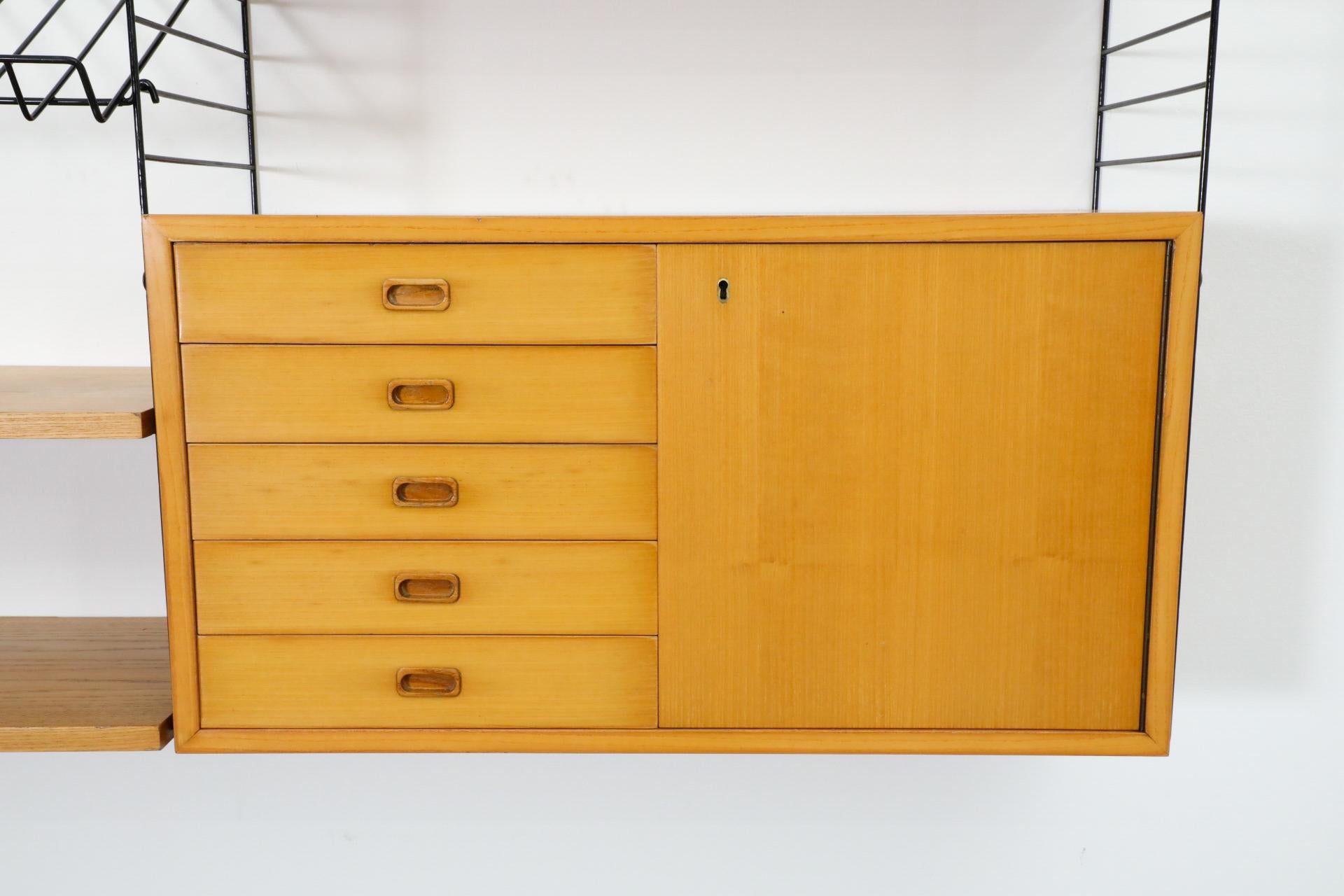 String 3 Section Oak Wall Mount Unit w/ 4 Shelves, 2 Cabinets & Magazine Rack For Sale 8