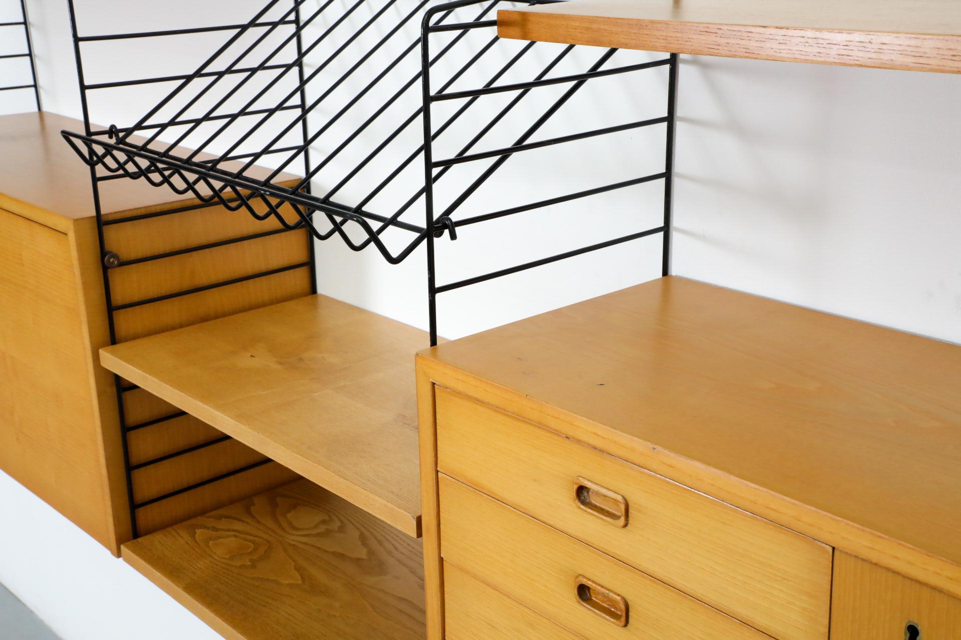 String 3 Section Oak Wall Mount Unit w/ 4 Shelves, 2 Cabinets & Magazine Rack For Sale 10