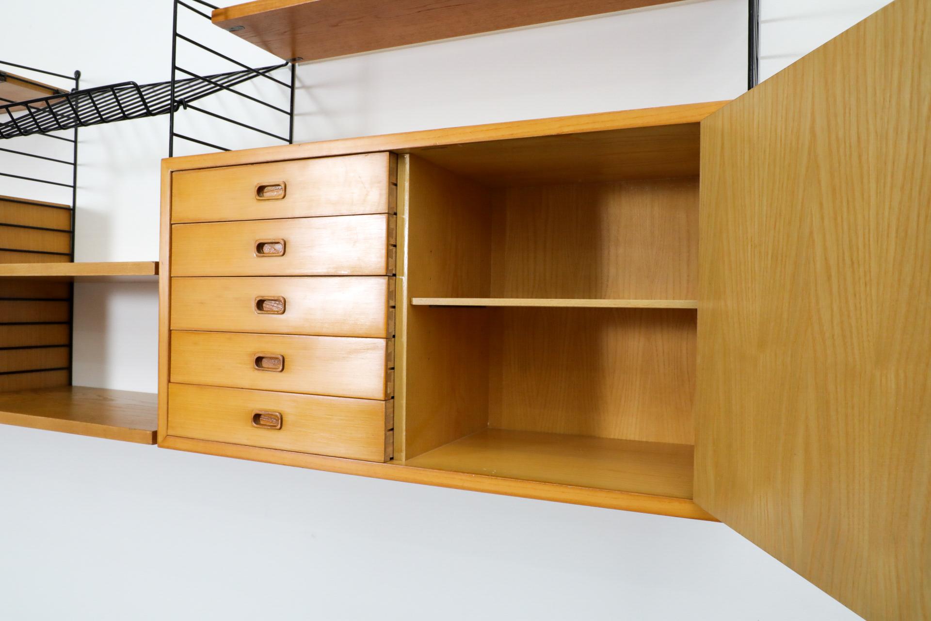 String 3 Section Oak Wall Mount Unit w/ 4 Shelves, 2 Cabinets & Magazine Rack For Sale 11