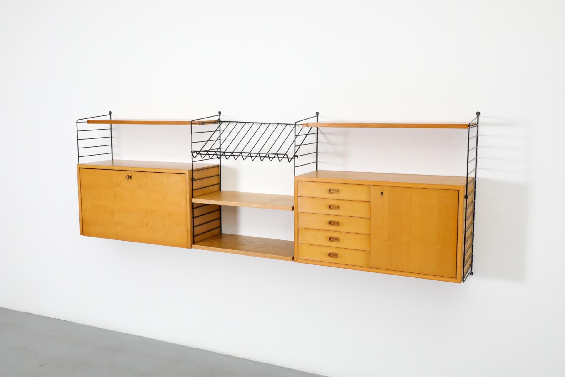 Enameled String 3 Section Oak Wall Mount Unit w/ 4 Shelves, 2 Cabinets & Magazine Rack For Sale