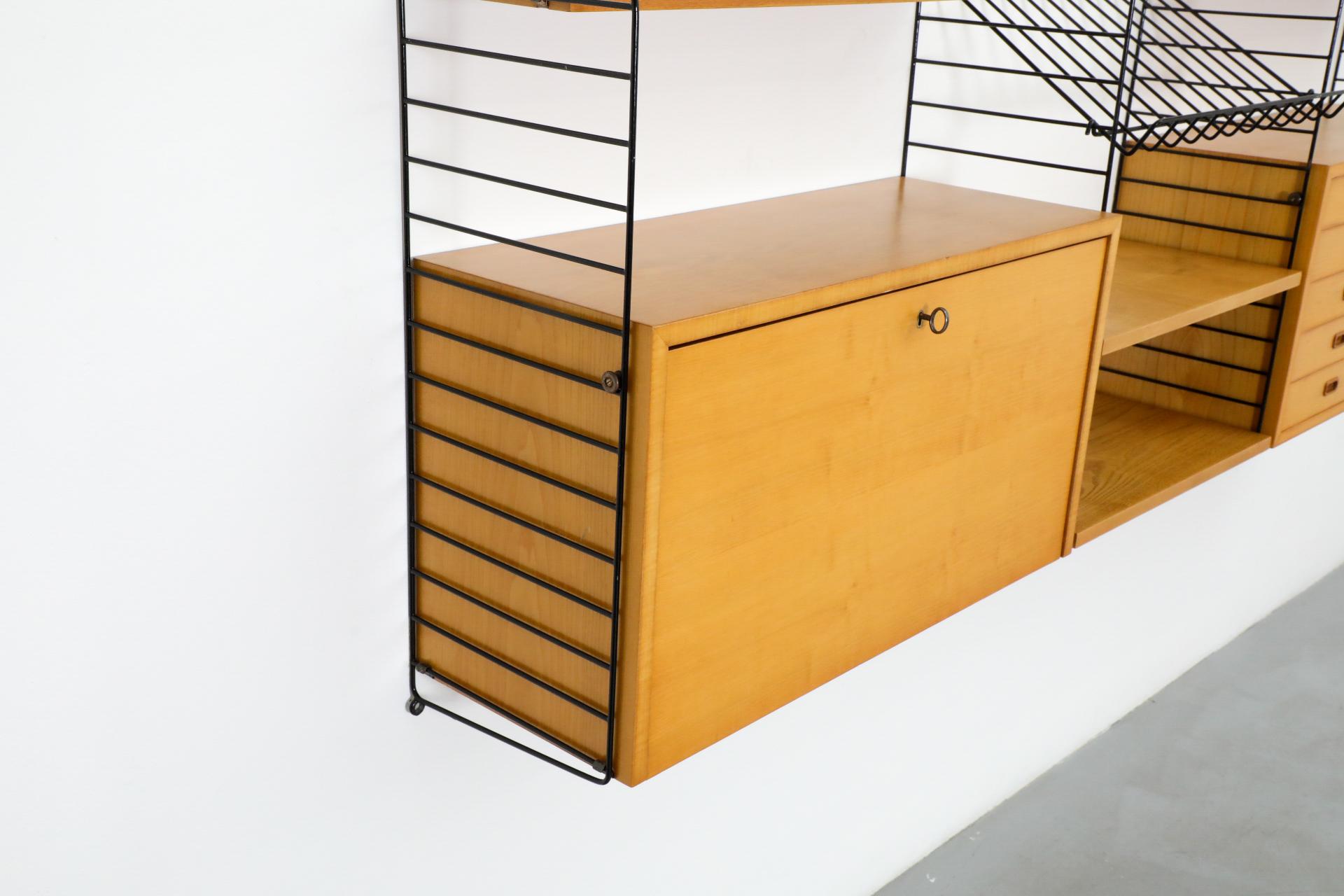 20th Century String 3 Section Oak Wall Mount Unit w/ 4 Shelves, 2 Cabinets & Magazine Rack For Sale