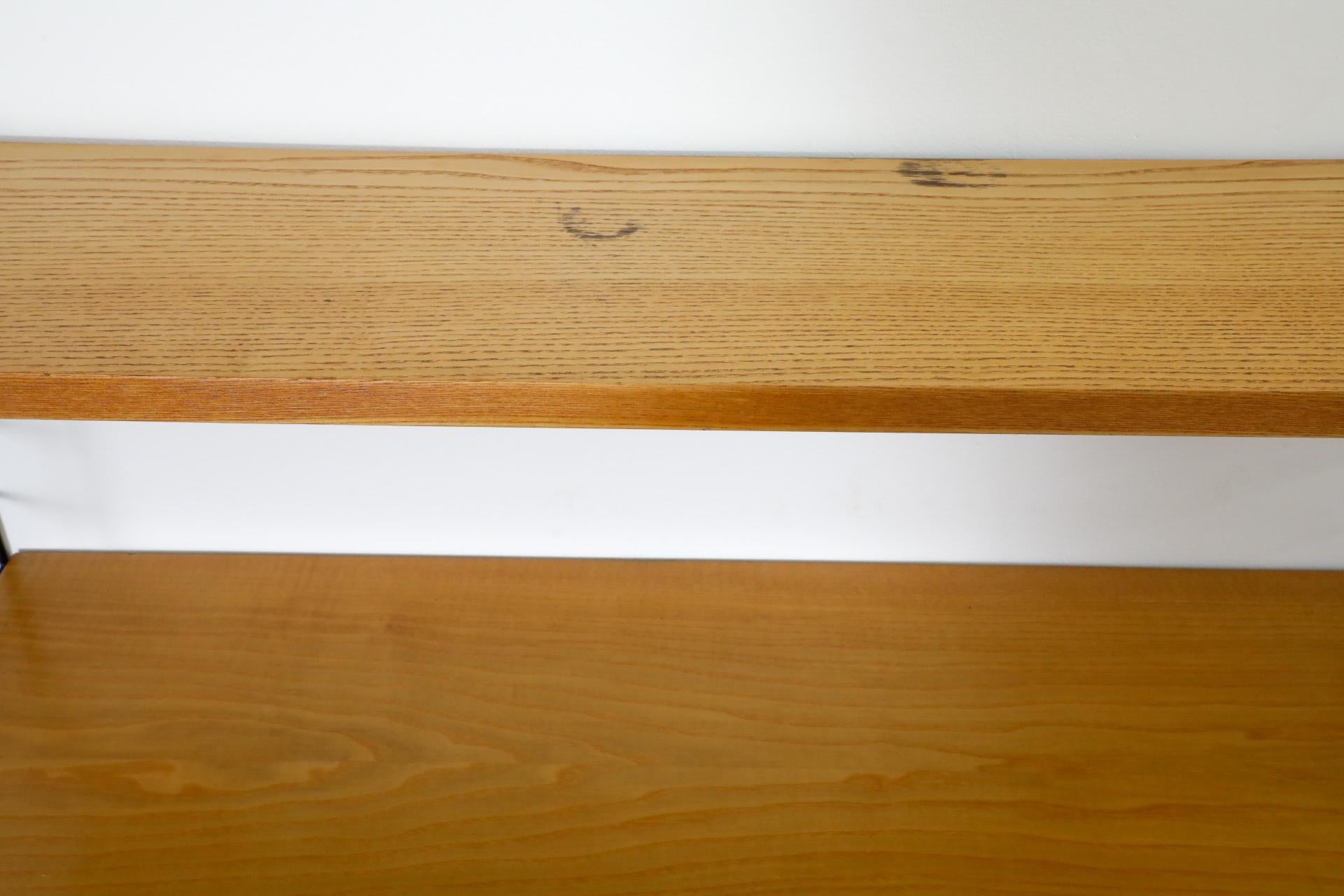 Metal String 3 Section Oak Wall Mount Unit w/ 4 Shelves, 2 Cabinets & Magazine Rack For Sale