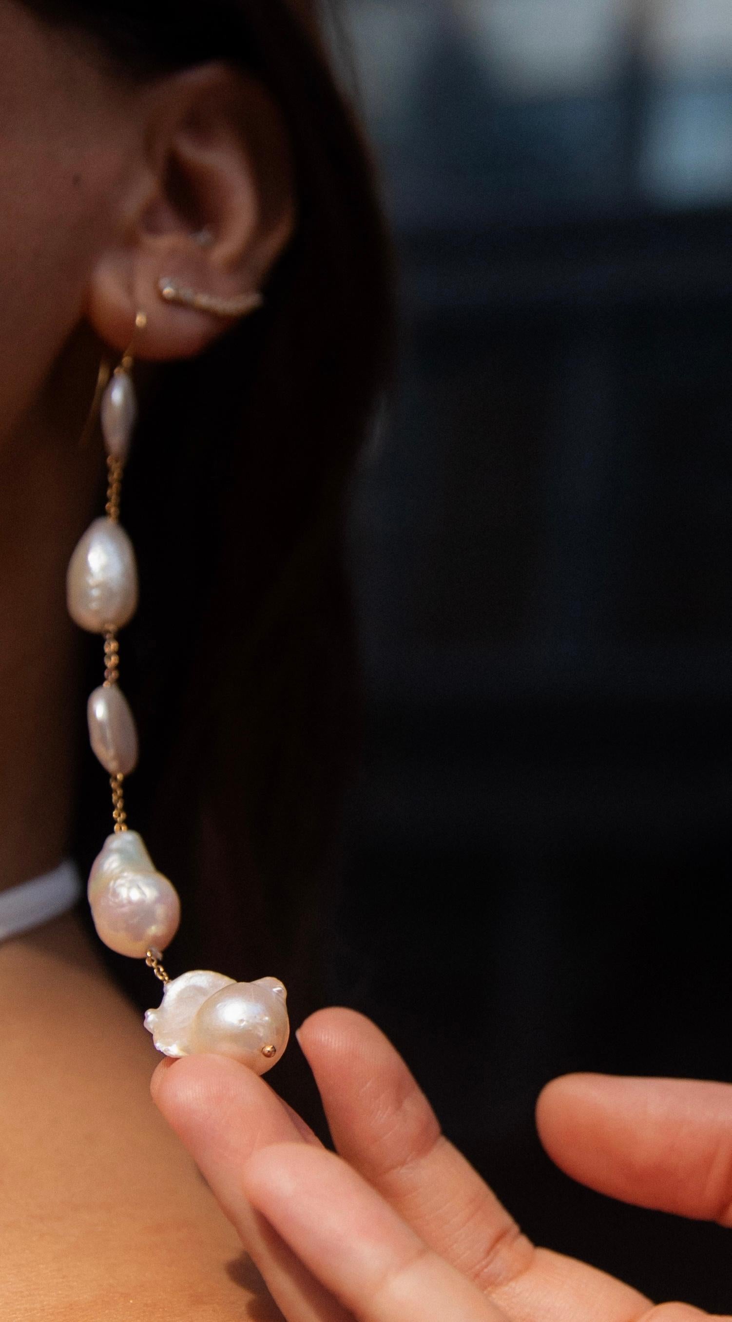 Rough Cut String of pearl Drop Earring For Sale