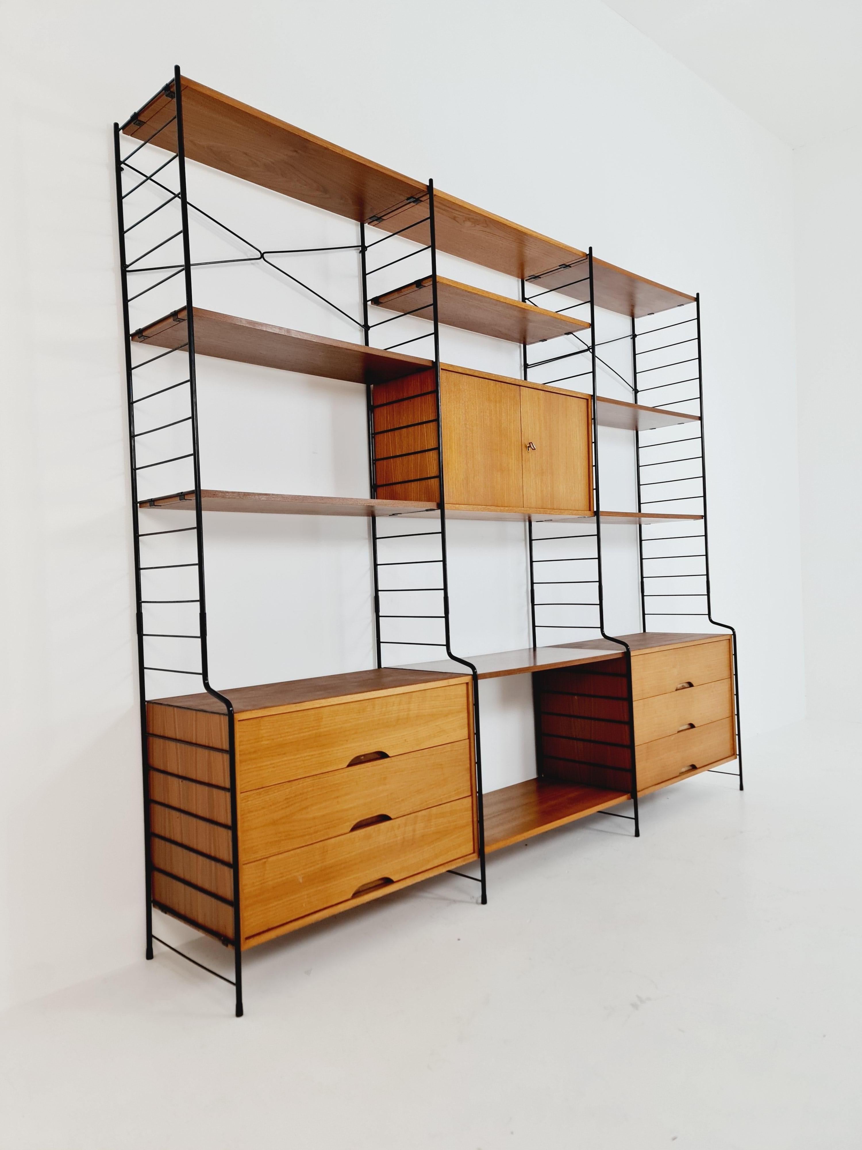 String Shelf System, Bookcase with Bar Cabinet Teak by WHB Germany, 1950s For Sale 4