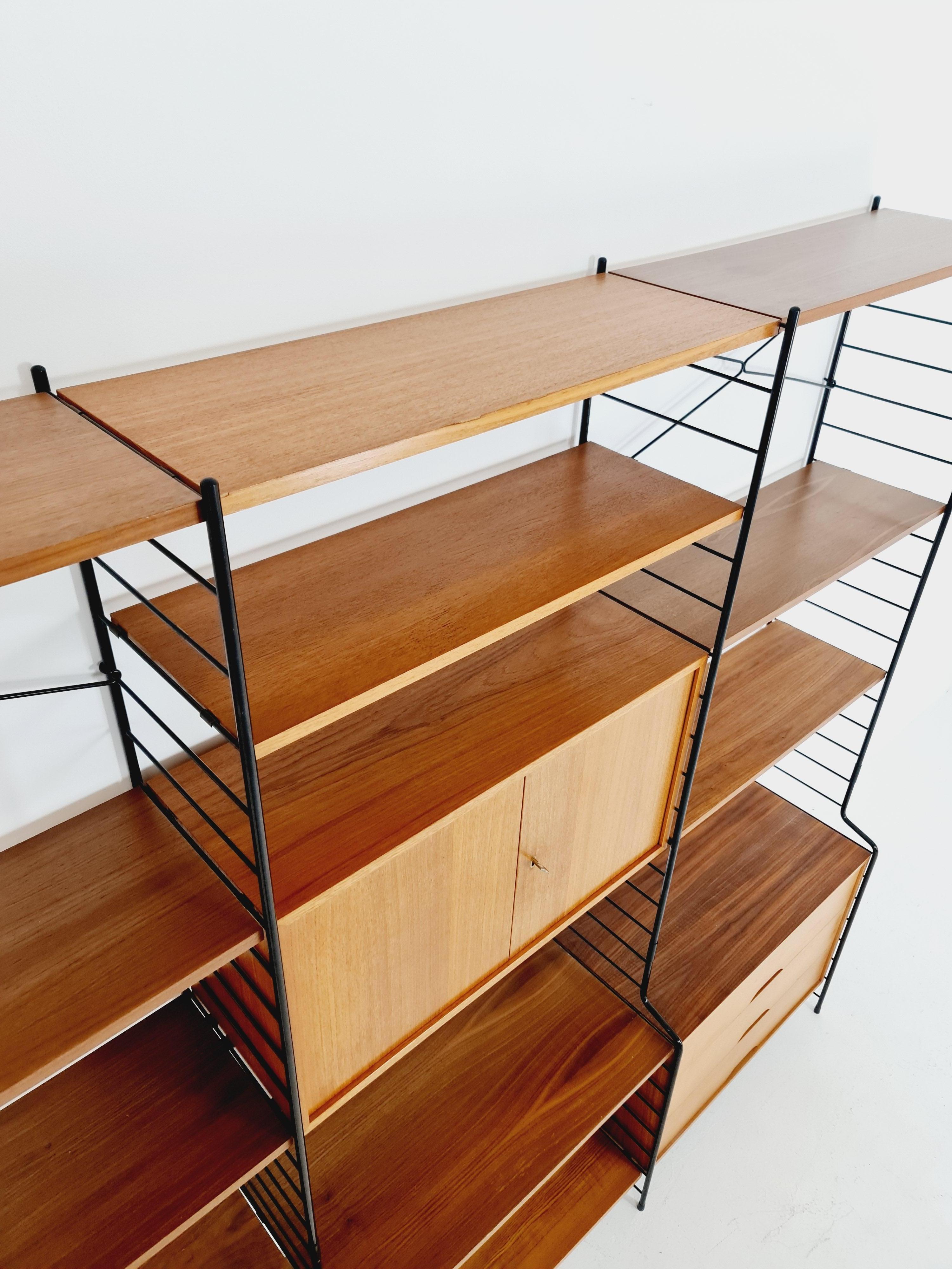String Shelf System, Bookcase with Bar Cabinet Teak by WHB Germany, 1950s 6