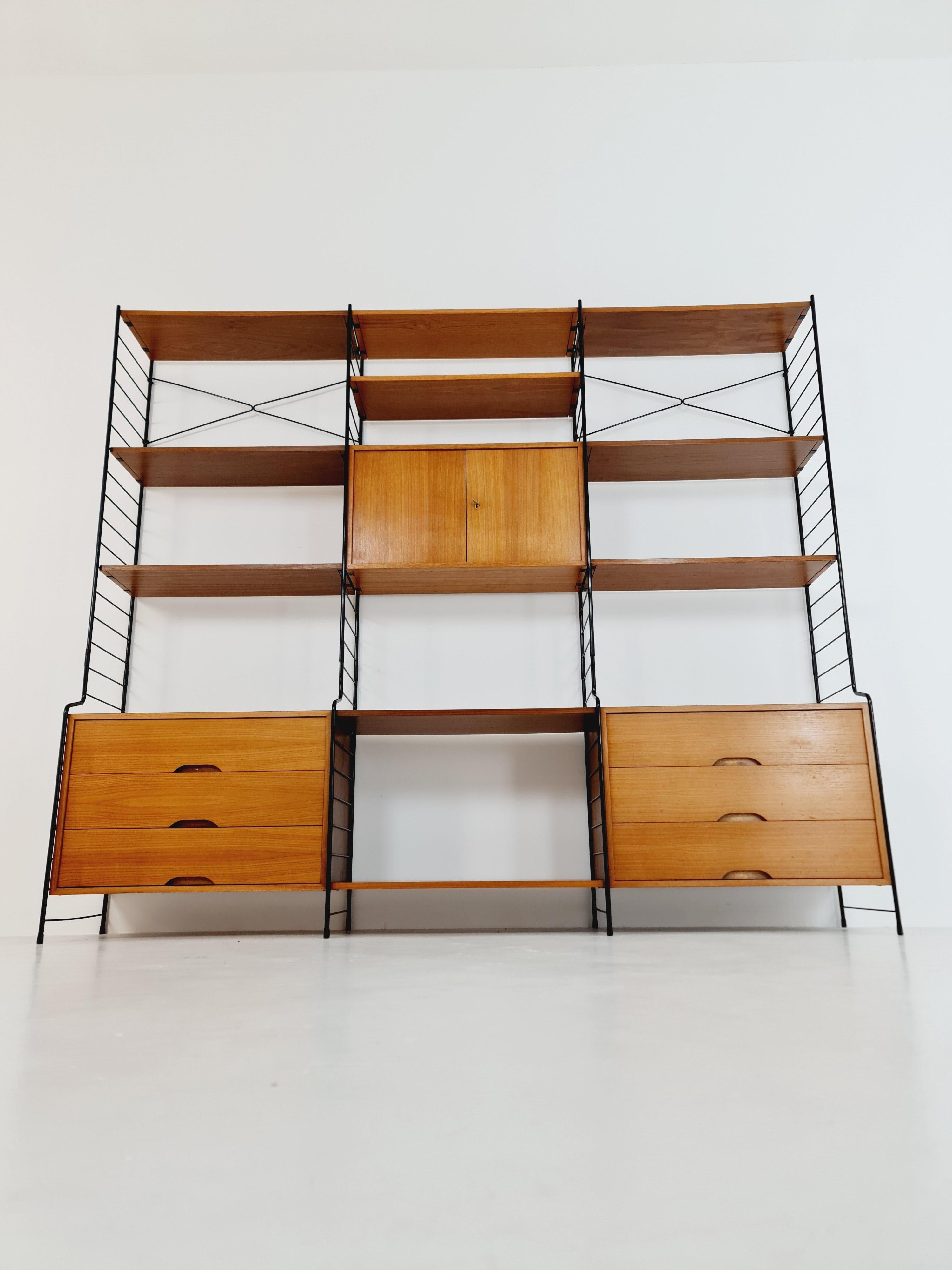 Mid-Century Modern String Shelf System, Bookcase with Bar Cabinet Teak by WHB Germany, 1950s