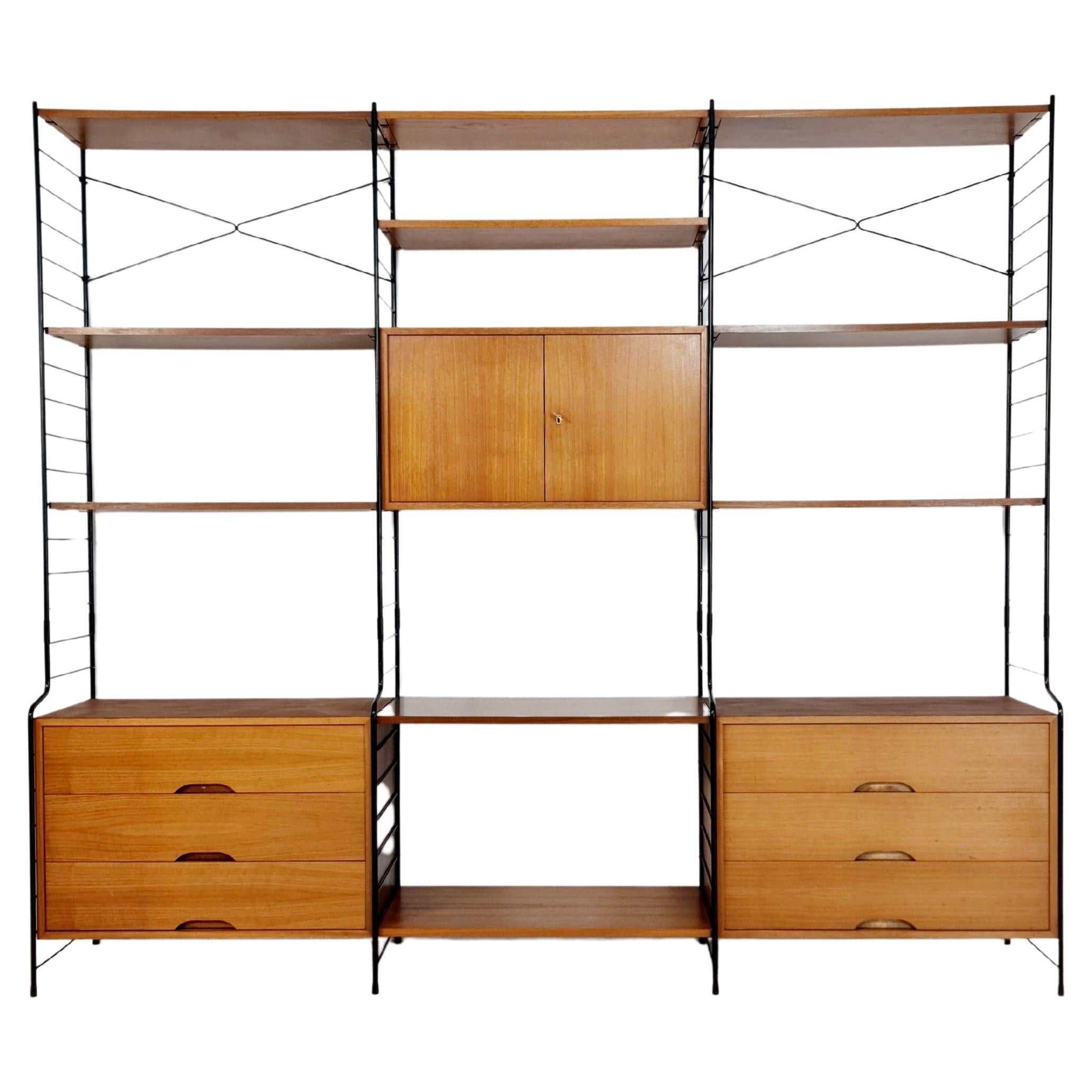 String Shelf System, Bookcase with Bar Cabinet Teak by WHB Germany, 1950s For Sale