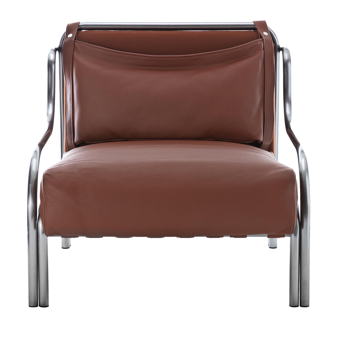 Stringa 1963 Brown Leather & Steel Armchair by Gae Aulenti in vendita 1