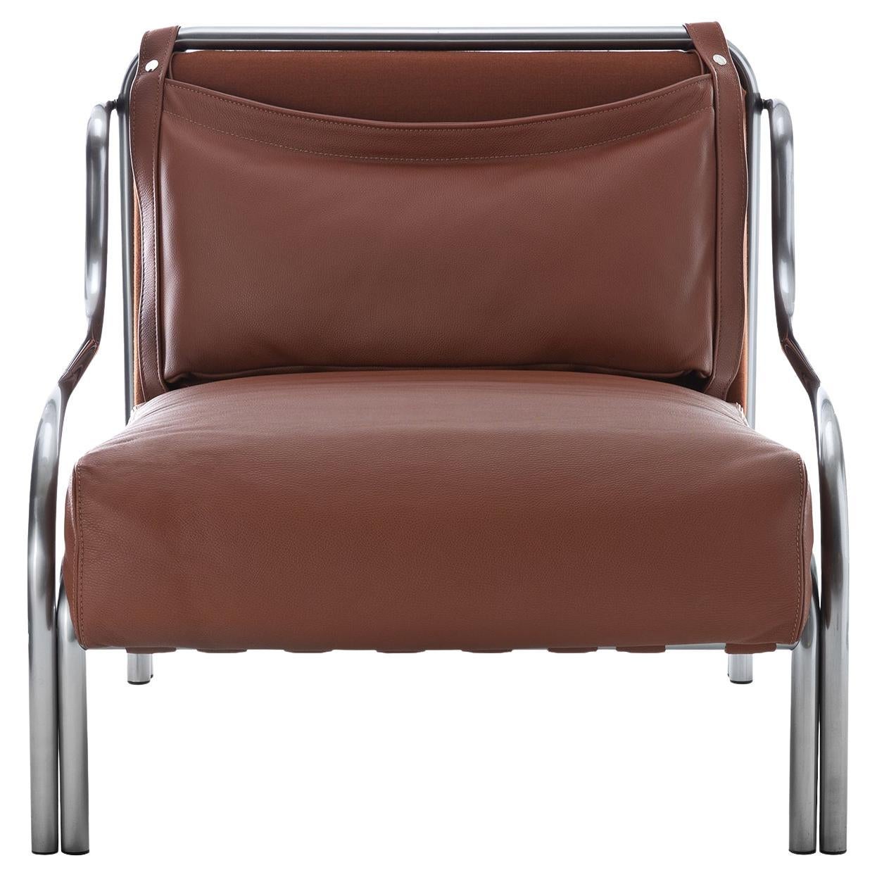 Stringa 1963 Brown Leather & Steel Armchair by Gae Aulenti